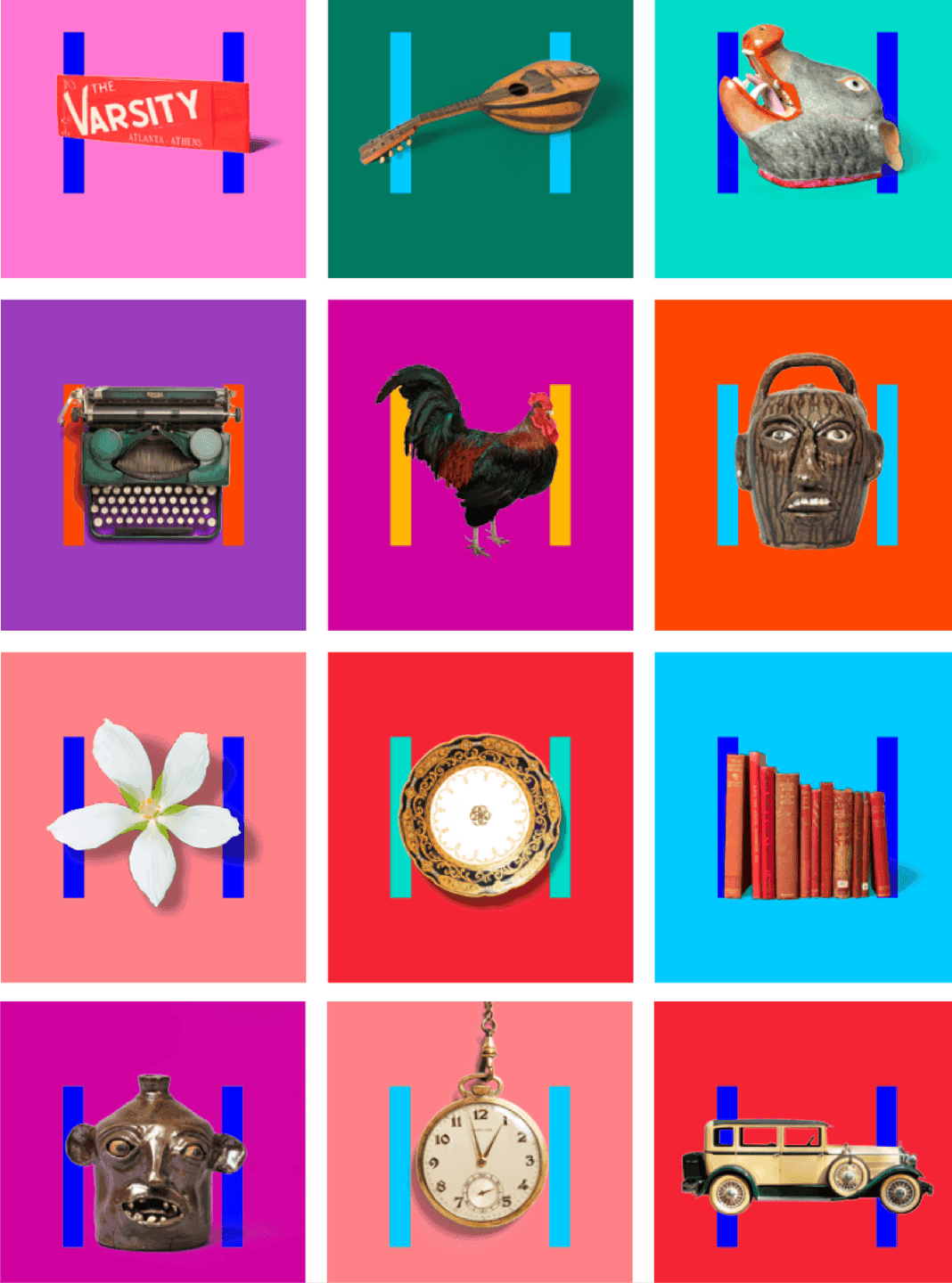 A vibrant grid of Atlanta History Center artifacts, highlighting iconic objects from Atlanta’s cultural and historical collections in a modern, colorful style.