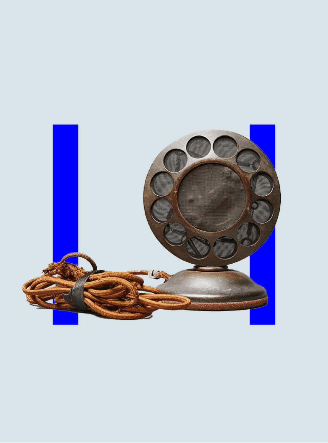 A historic vintage microphone from the Atlanta History Center collection, displayed with the museum’s signature blue graphic bars.