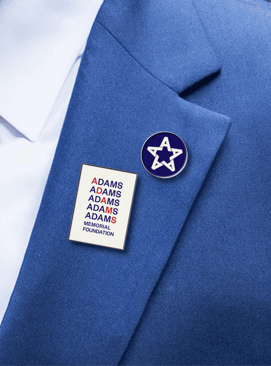 Adams memorial foundation enamel pins in the stacked logo and secondary star logo
