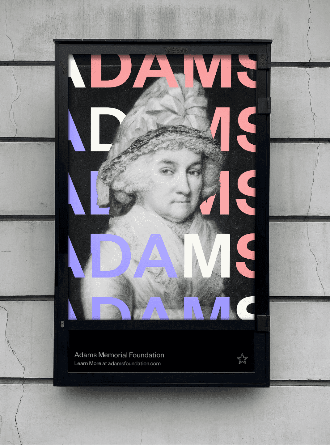 A modern poster design for the Adams Memorial Foundation featuring a portrait of Abigail Adams.