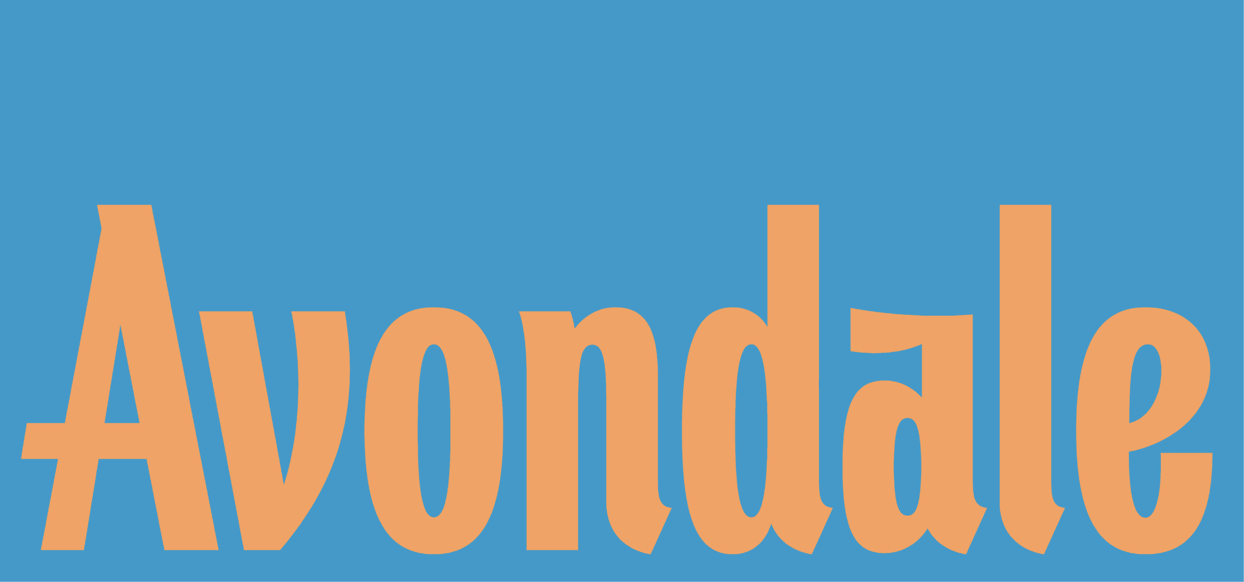 The Avondale wordmark in Apricot against a bright blue background.