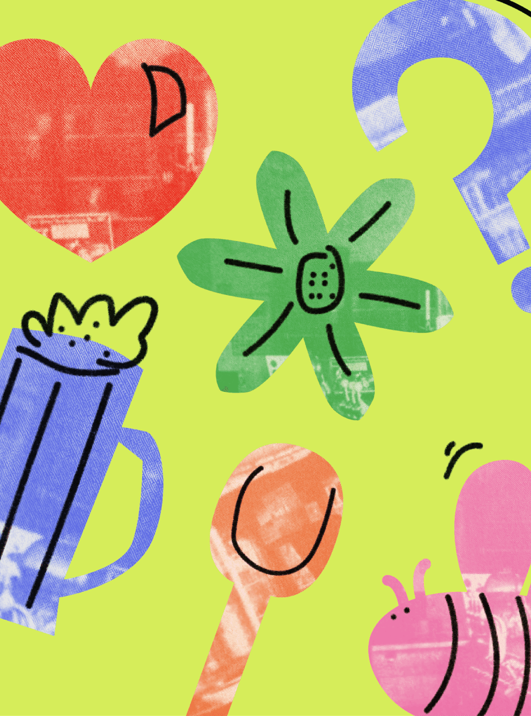 A playful collage of Avondale historic doodles—hearts, flowers, mugs, spoons, and bees—sits on a chartreuse backdrop.