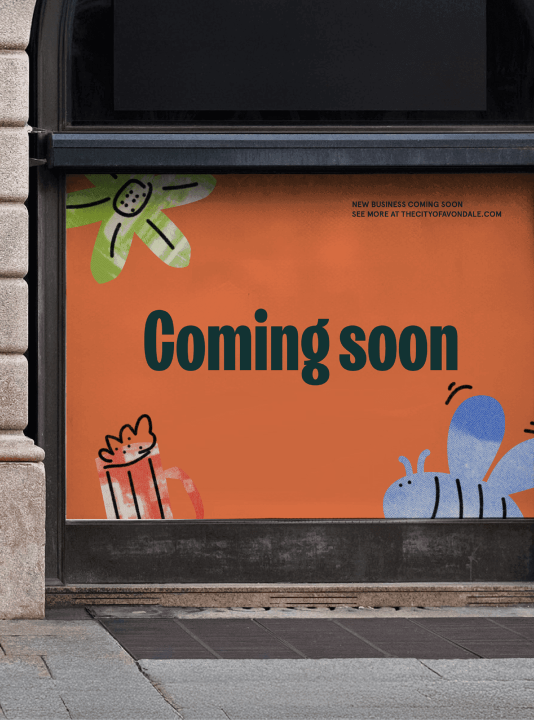 Avondale “Coming Soon” Window Graphics. An orange storefront window displays a bold “Coming soon” message with Avondale’s signature historic doodles around the edges.