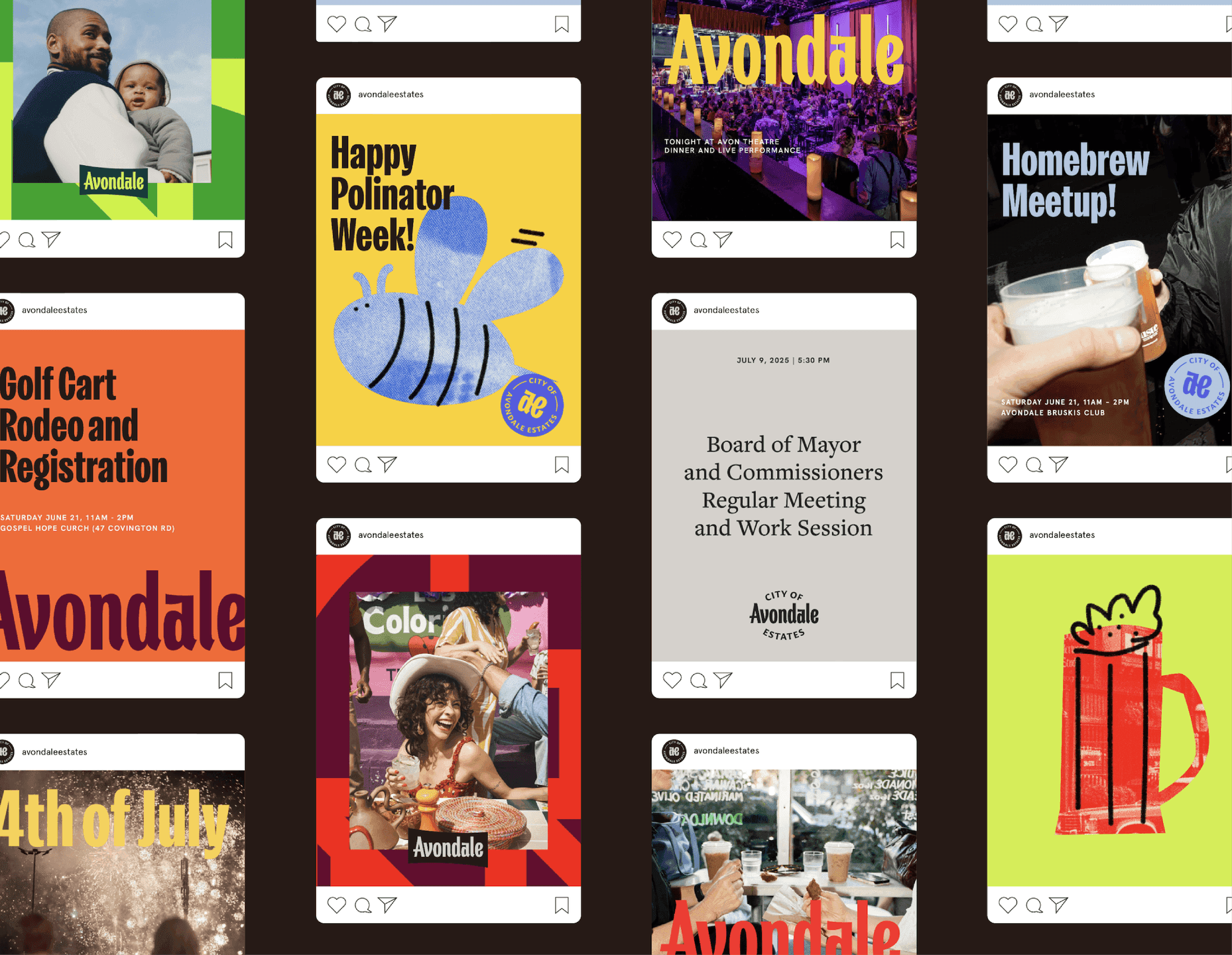 Avondale Social Media Grid. A grid of Avondale social media posts highlights city events, announcements, and colorful character illustrations.