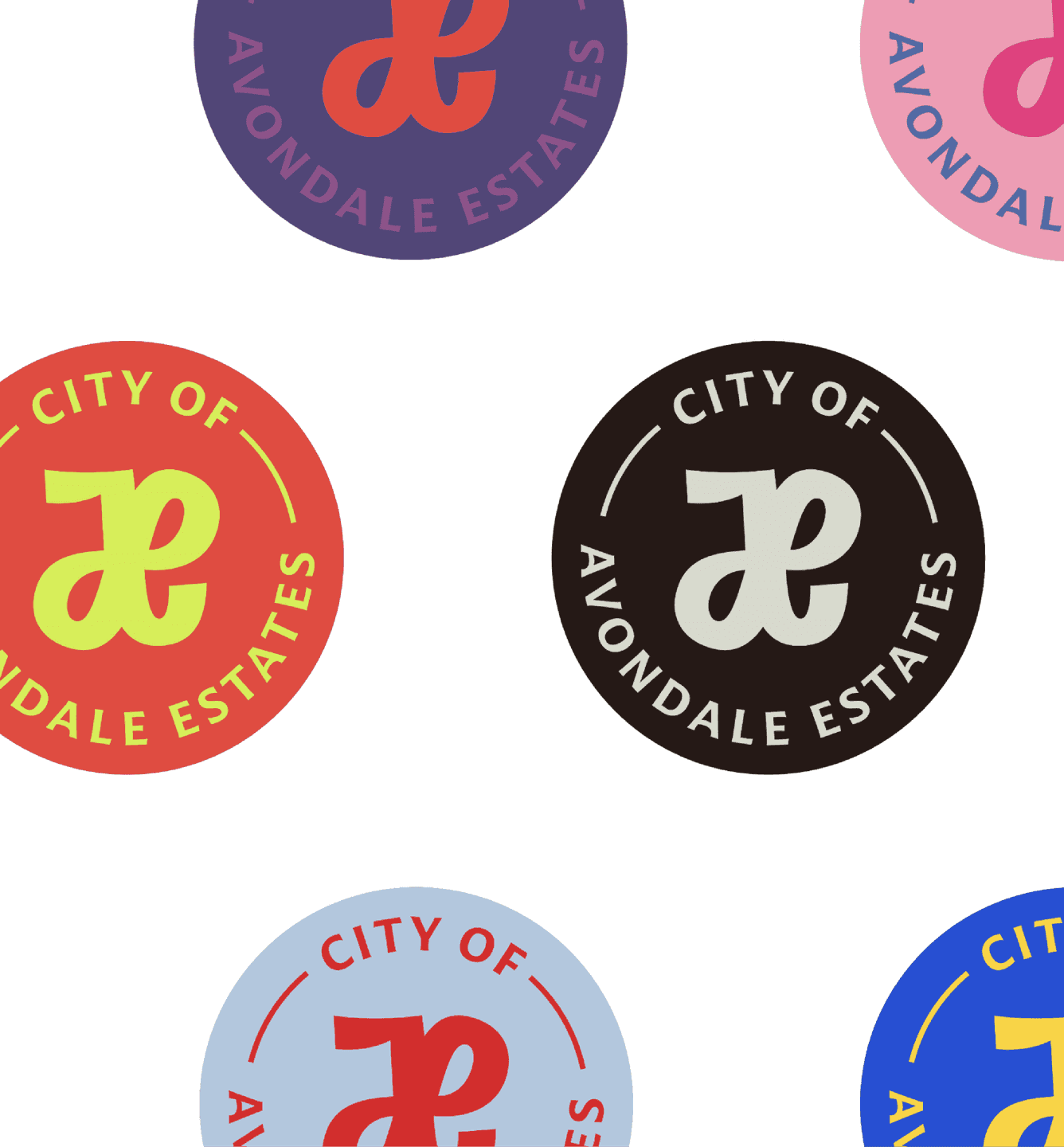 Avondale Circular Badge Marks. A collection of Avondale circular logo badges showcases the city’s signature “ae” monogram in various color combinations.
