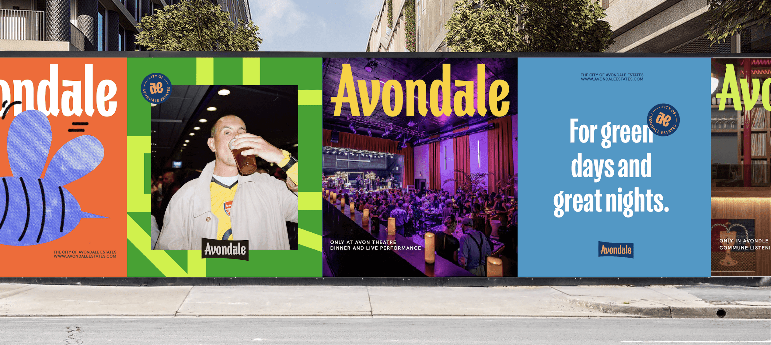 Avondale billboard Series. A large outdoor mural features Avondale branding, event photography, and colorful illustrations promoting local nightlife and community.