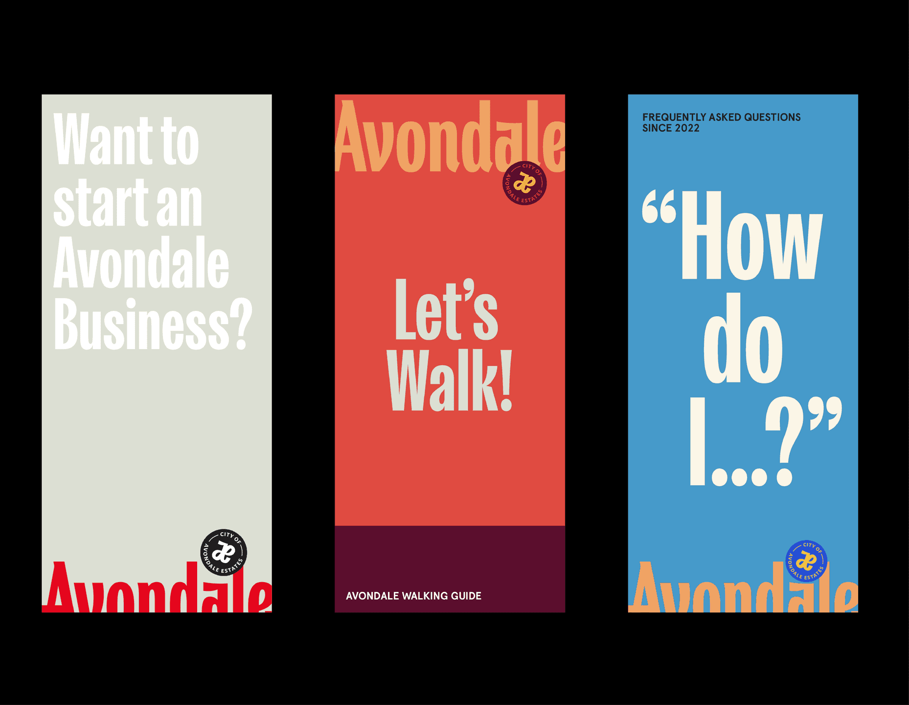 Avondale Flyers (Business, Walking Guide, FAQs). A set of Avondale informational flyers uses bold typography and bright color blocks to promote business resources, walking guides, and FAQs.