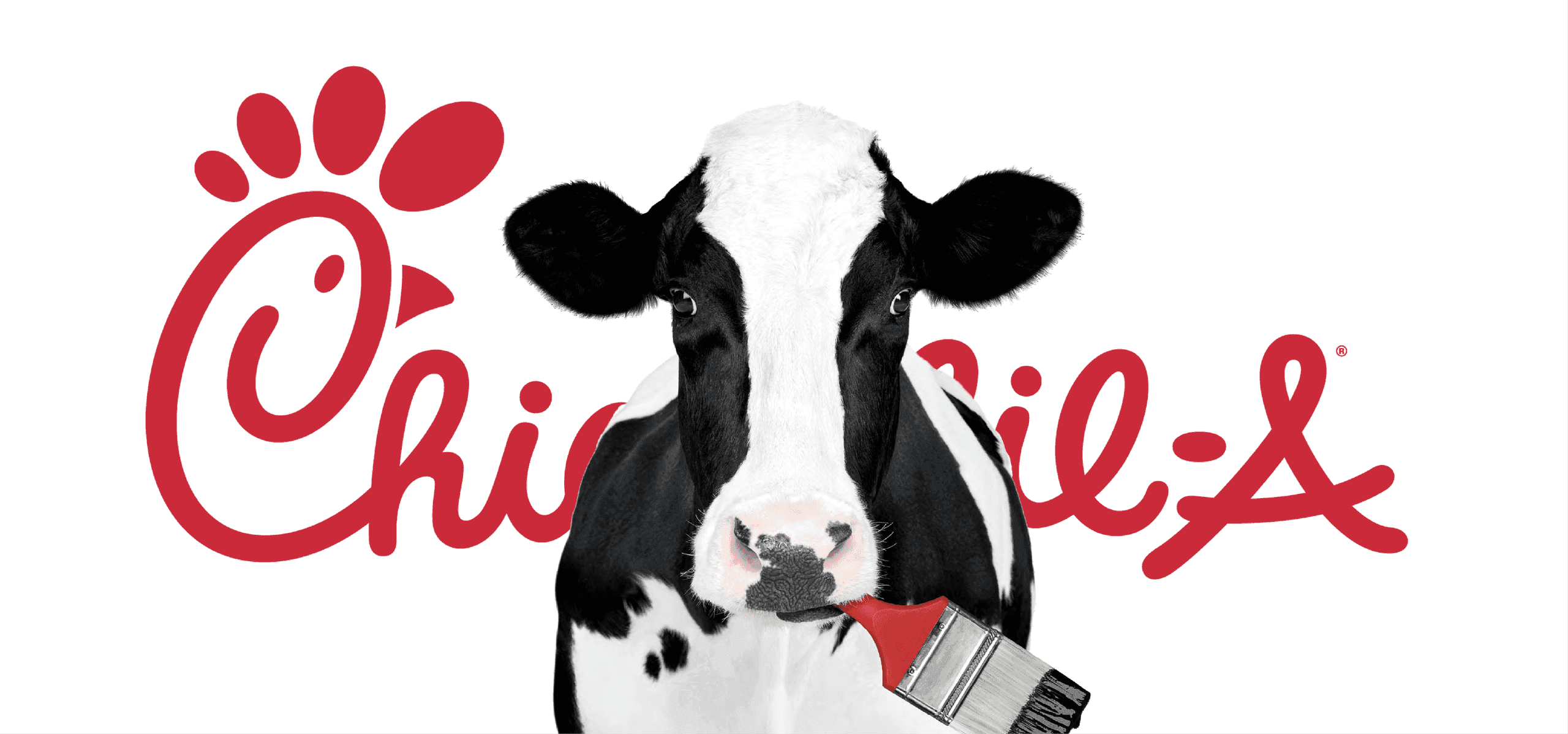 Chick-fil-A Cow Mascot with Logo. A Chick-fil-A cow stands in front of the red Chick-fil-A logo while holding a dripping paintbrush in its mouth.