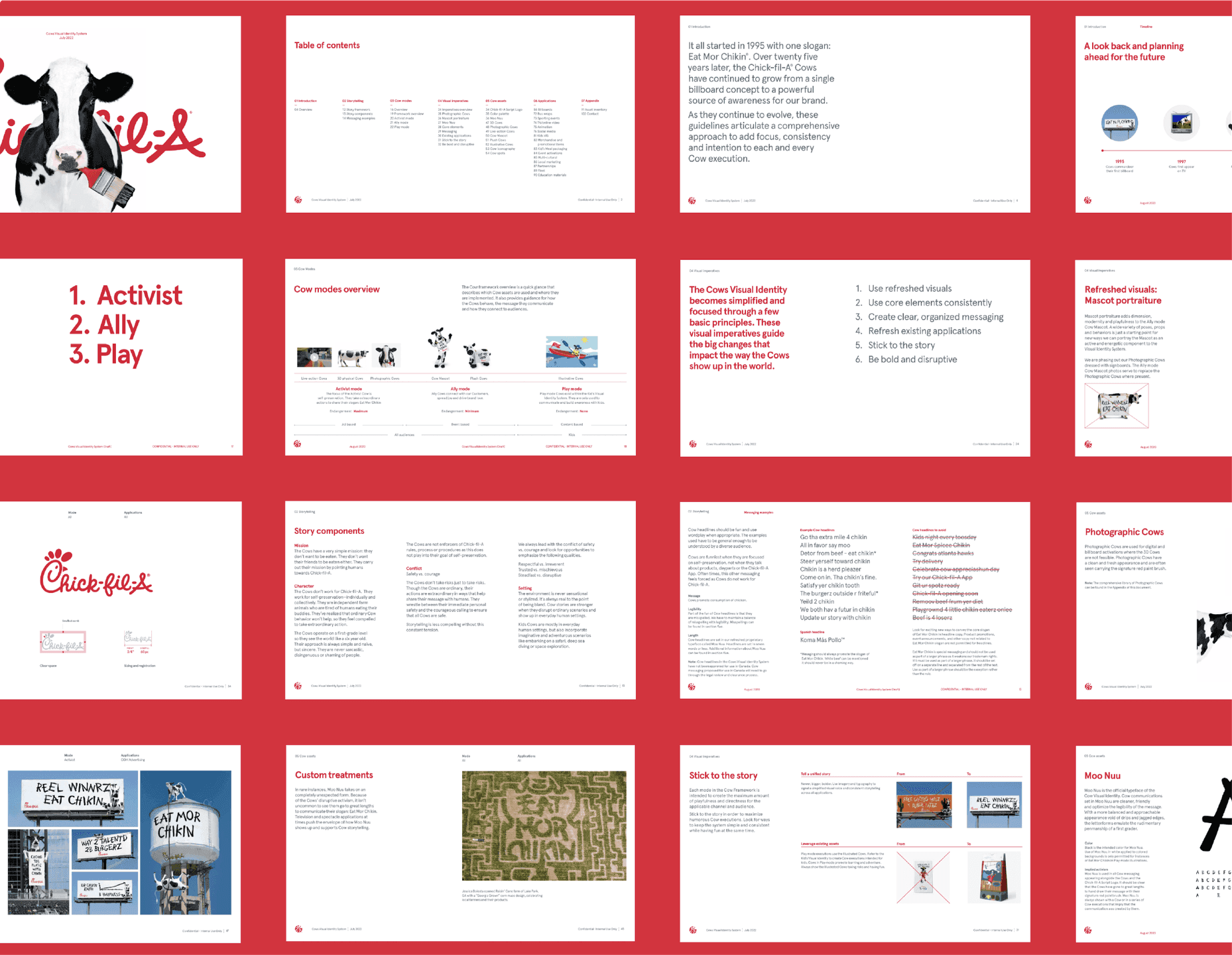 Chick-fil-A Brand Guidelines Spread. Multiple pages outlining the Chick-fil-A cow identity system, brand story, messaging pillars, and design rules.