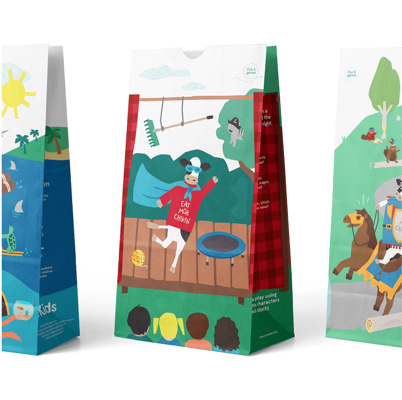 Kids Meal Bag Illustrations. Illustrated Chick-fil-A kids’ meal bags featuring playful cartoon cows in colorful, activity-based scenes.