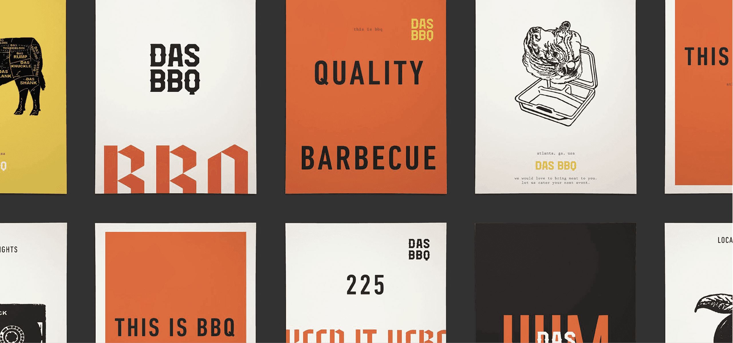 DAS BBQ Poster. Set A series of bold BBQ posters featuring block typography, orange accents, and illustrated meat cuts.