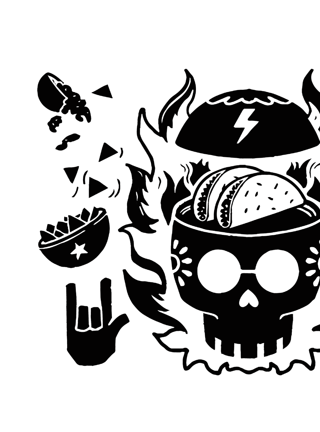 Black Illustration Spread. A DAS BBQ illustration mixing tacos, flames, and hand-drawn rock-and-roll motifs.