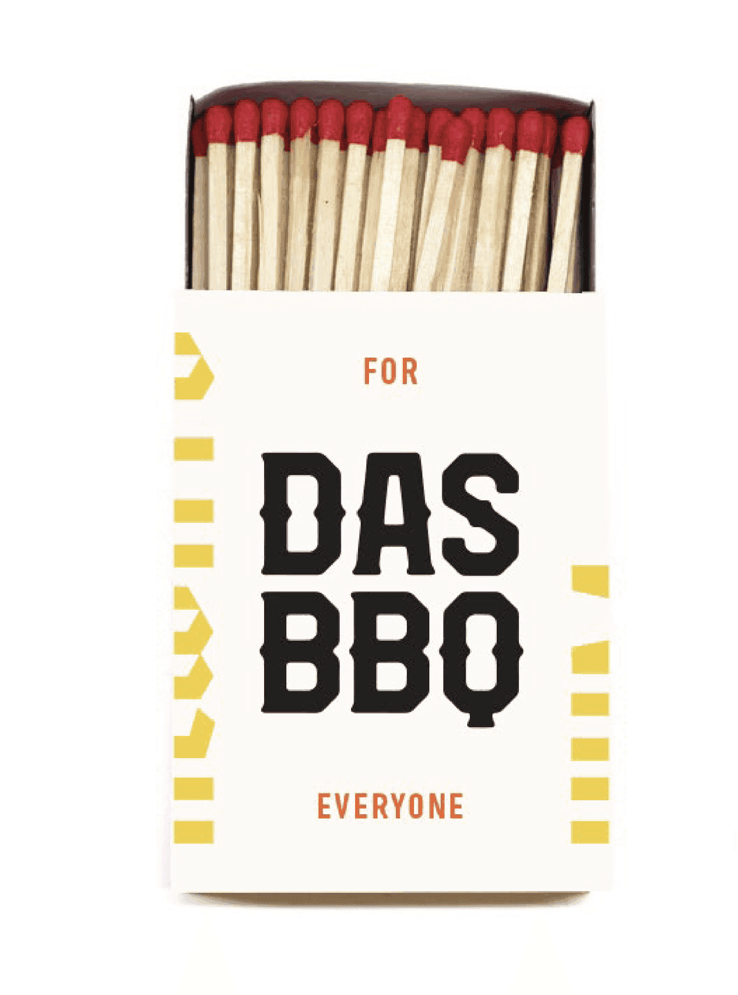 DAS BBQ Matchbox. A matchbox wrapped in DAS BBQ branding with bold typography and yellow graphic accents.
