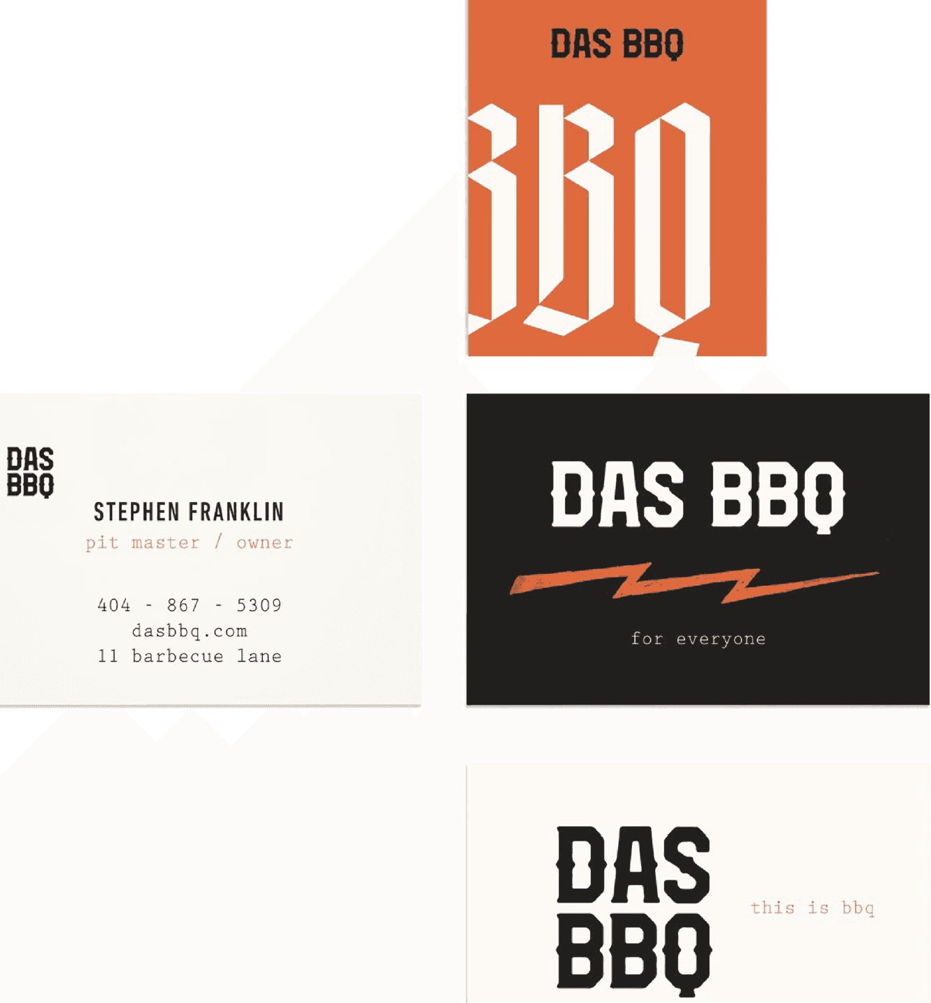 DAS BBQ Business Cards. Business cards featuring the DAS BBQ wordmark, lightning graphic, and simple cream-and-black palette.