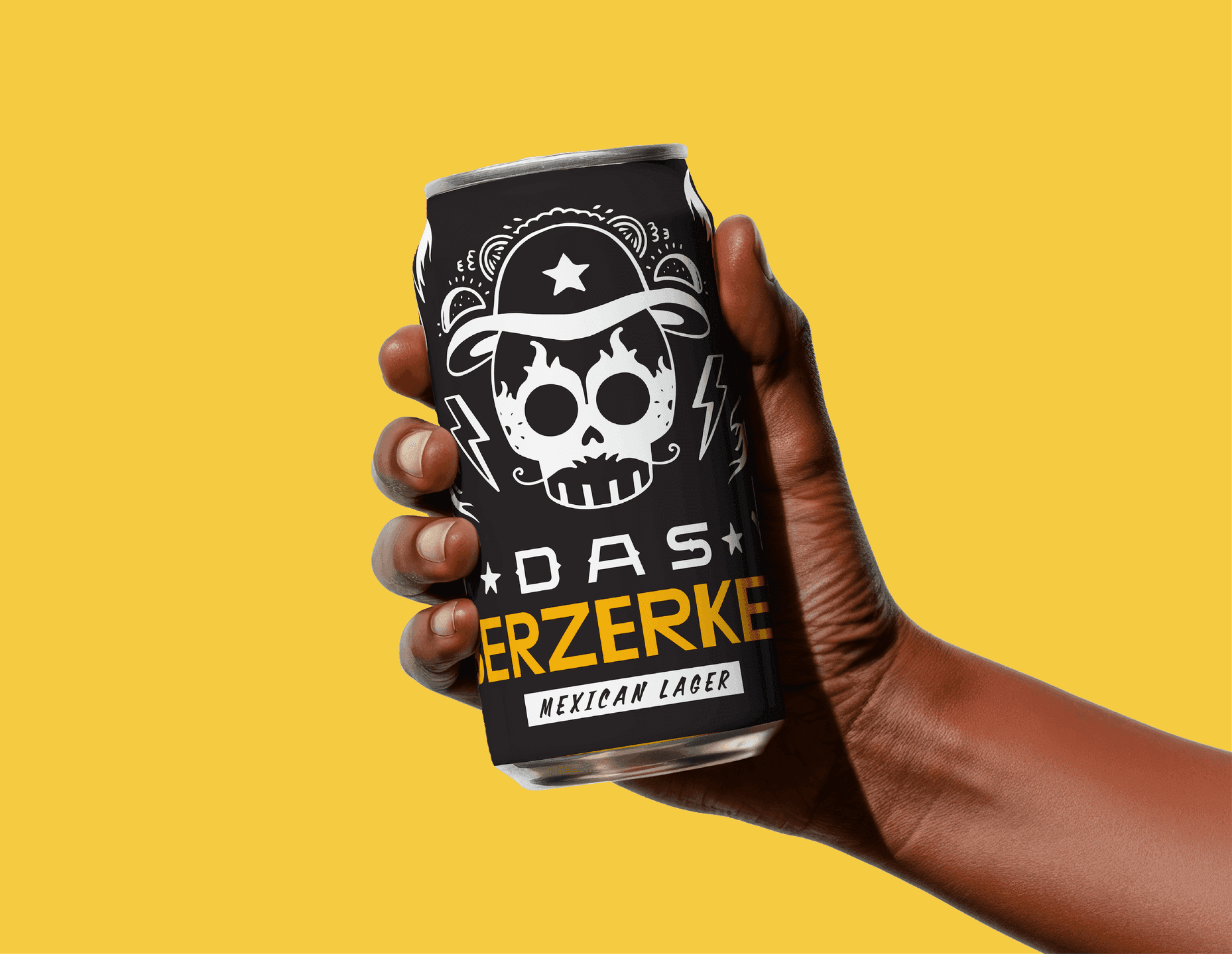 DAS Erzerker Lager Can. A black-and-yellow craft beer can featuring a bold skull illustration and DAS BBQ branding.