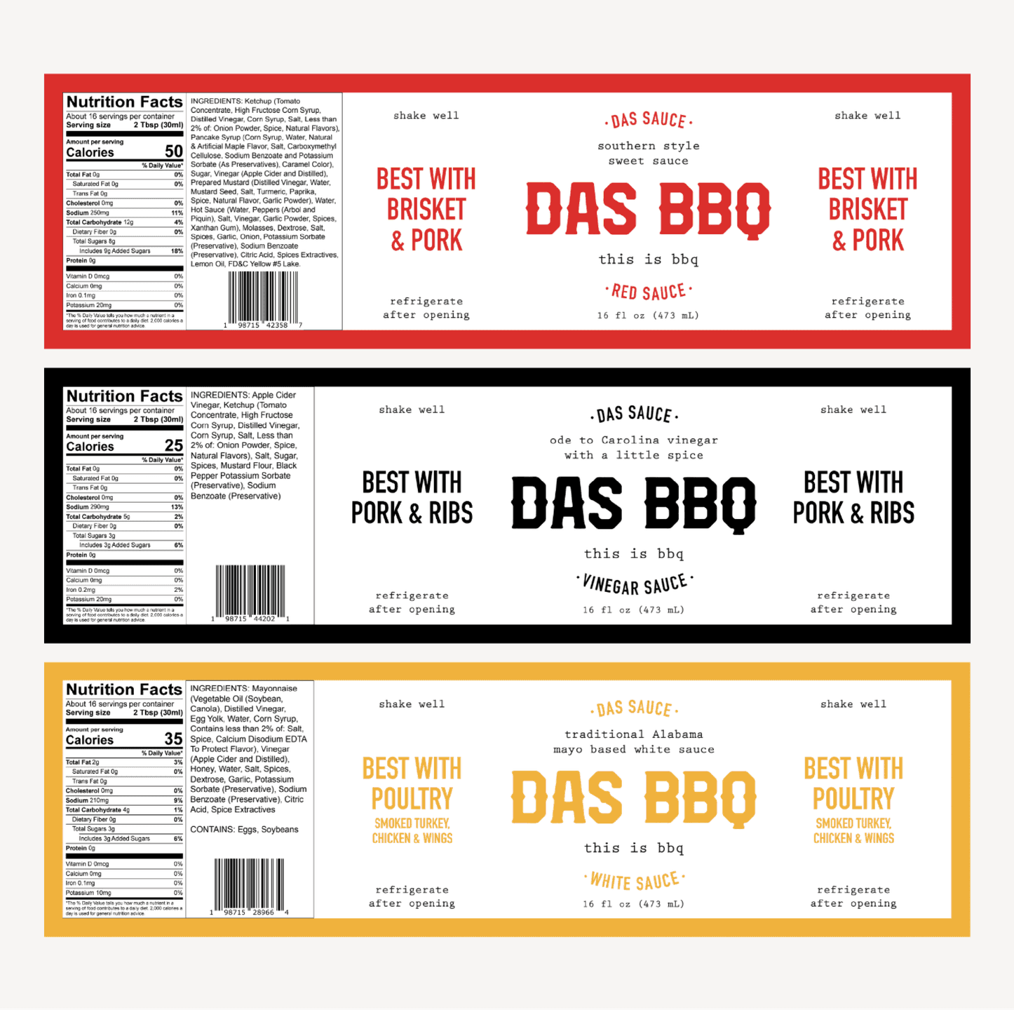 DAS BBQ Sauce Labels. A set of BBQ sauce labels for red, vinegar, and white sauces, each with bold DAS BBQ branding and usage notes.