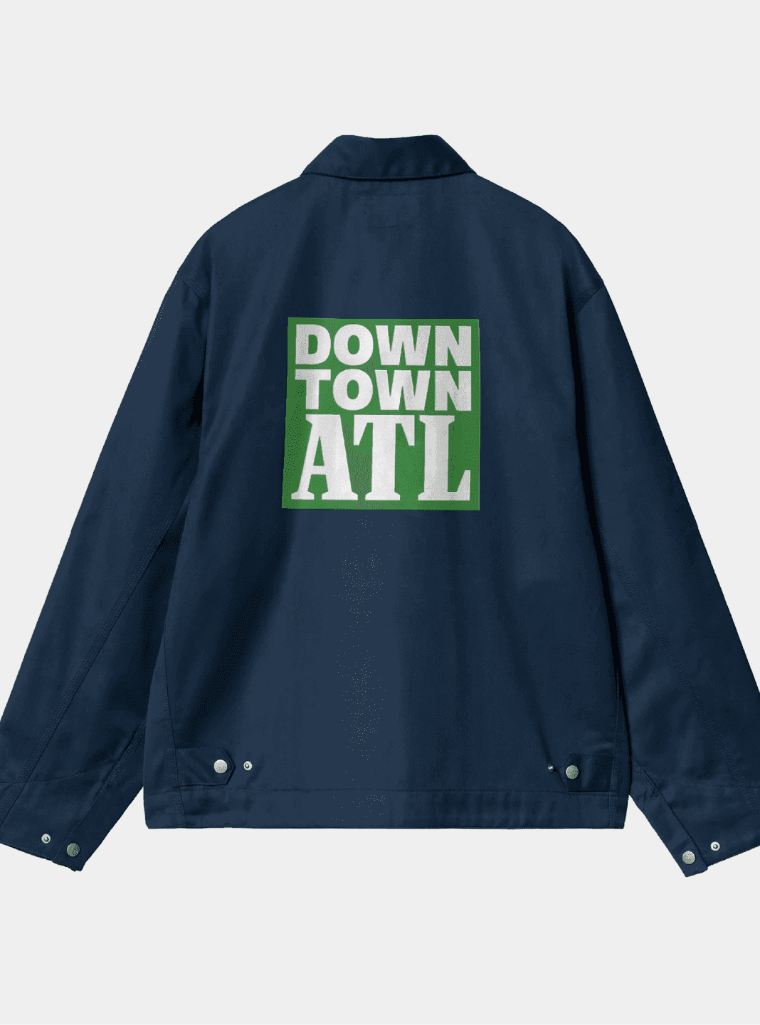 Downtown ATL Jacket. A navy jacket displays a large Downtown ATL logo printed on the back.