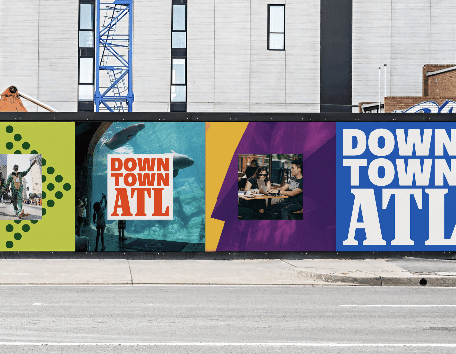 Downtown ATL Street Mural Wall. A vibrant wall installation showcases Downtown ATL branding alongside local photography.