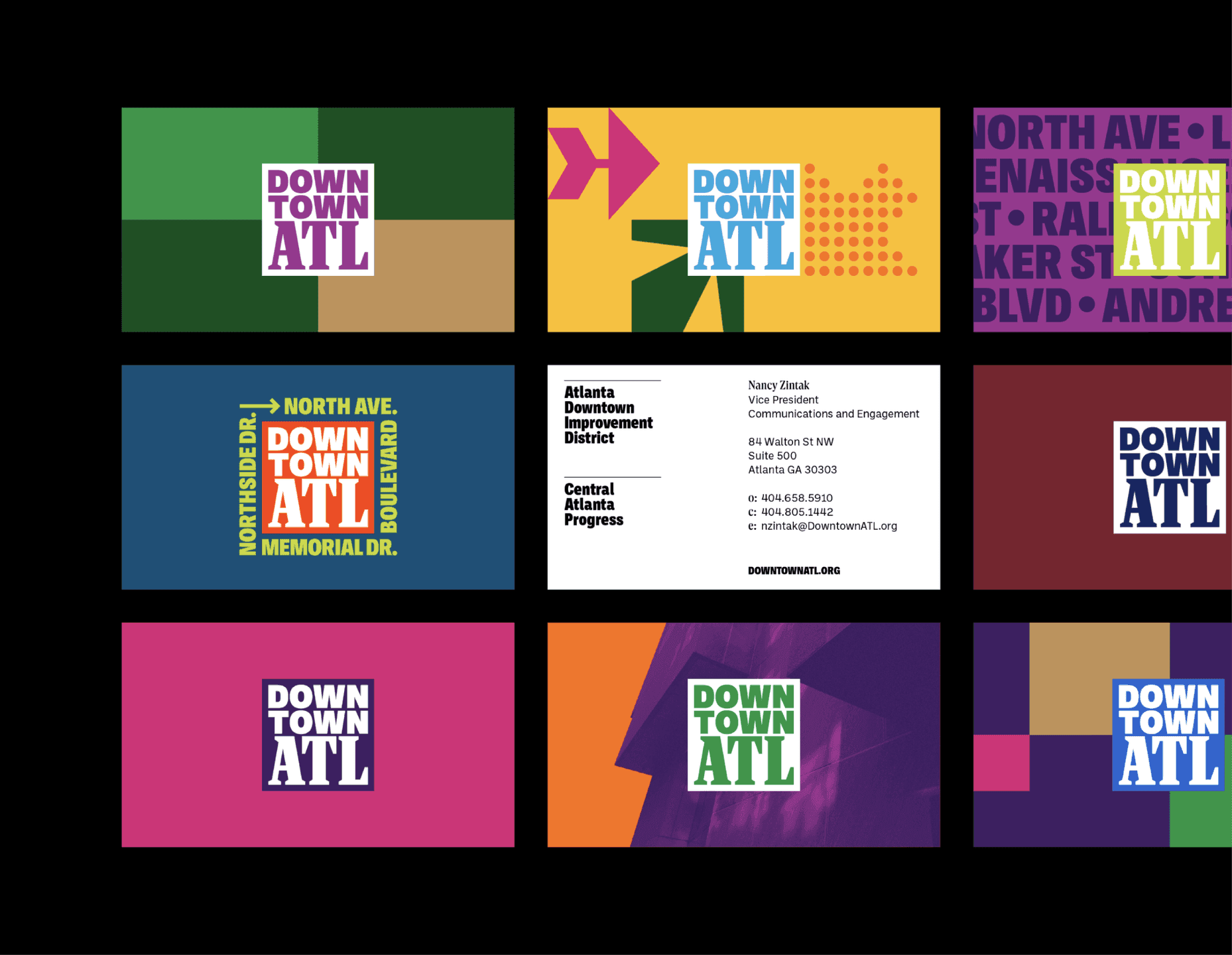 Downtown ATL Business Cards. A collection of Downtown ATL business cards and identity designs featuring bold color blocking and graphic patterns.