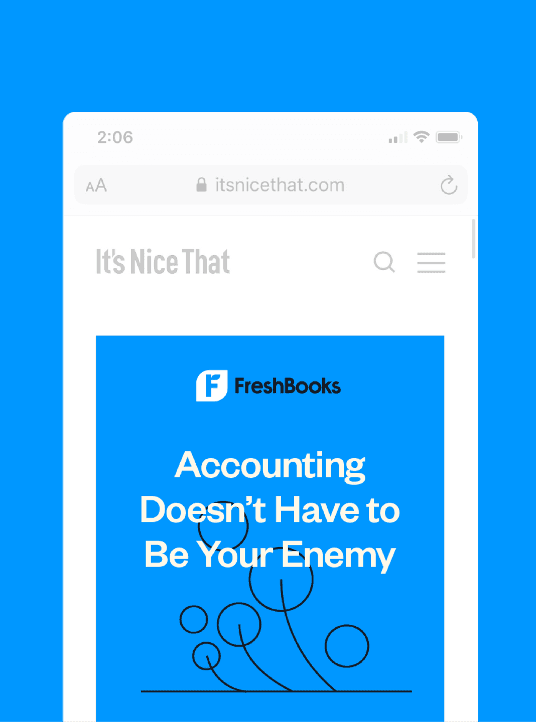 Mobile Feature article on IT'S NICE THAT. A mobile preview of the FreshBooks homepage with the “Accounting Doesn’t Have to Be Your Enemy” headline.