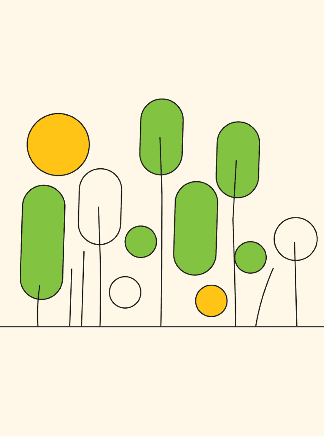 Illustrated Landscape. A playful scene of rounded trees and sun shapes outlined in black with green and yellow fills.