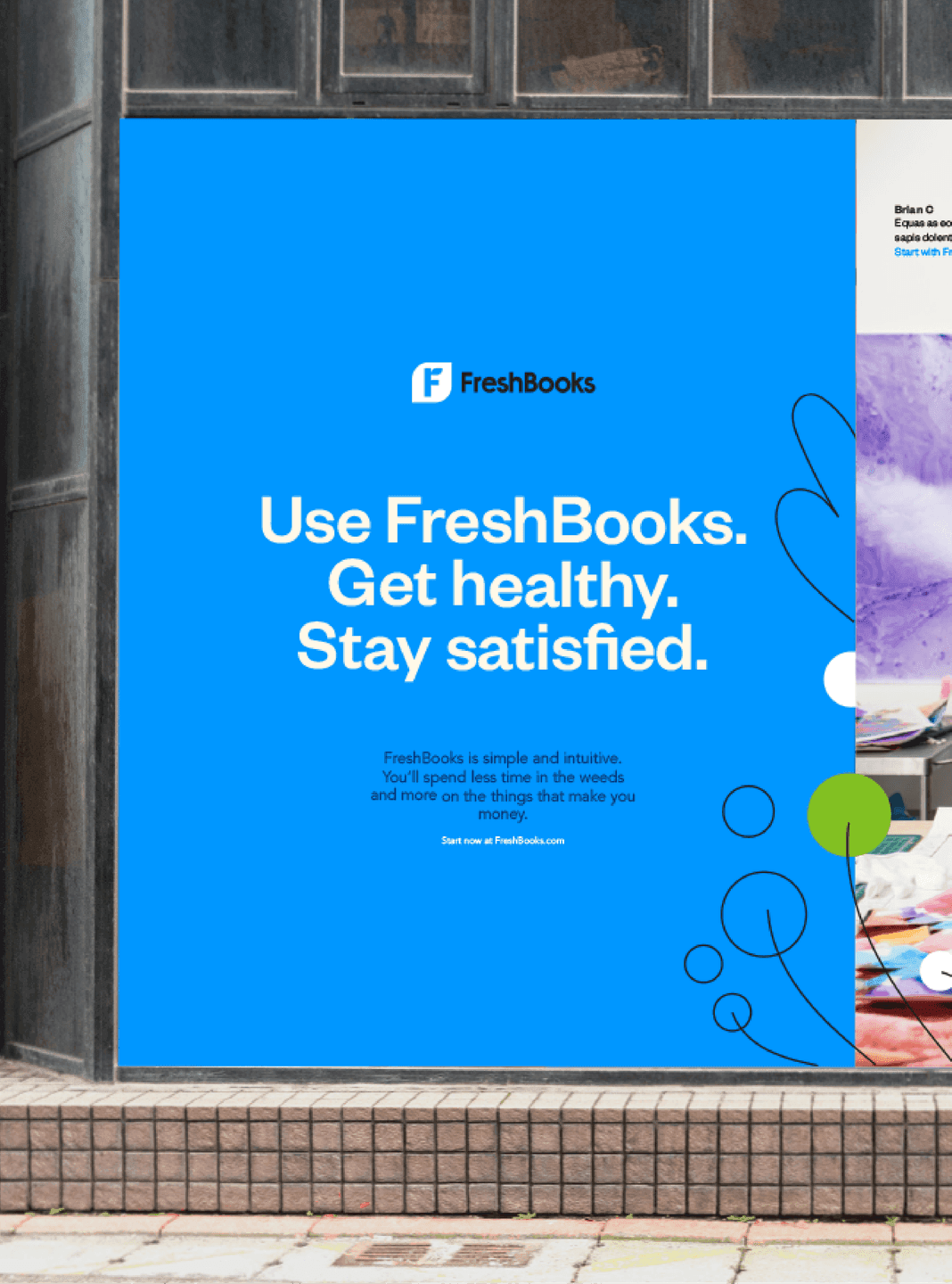 Blue Poster. A bright blue FreshBooks ad with bold white headlines and decorative line-art accents.