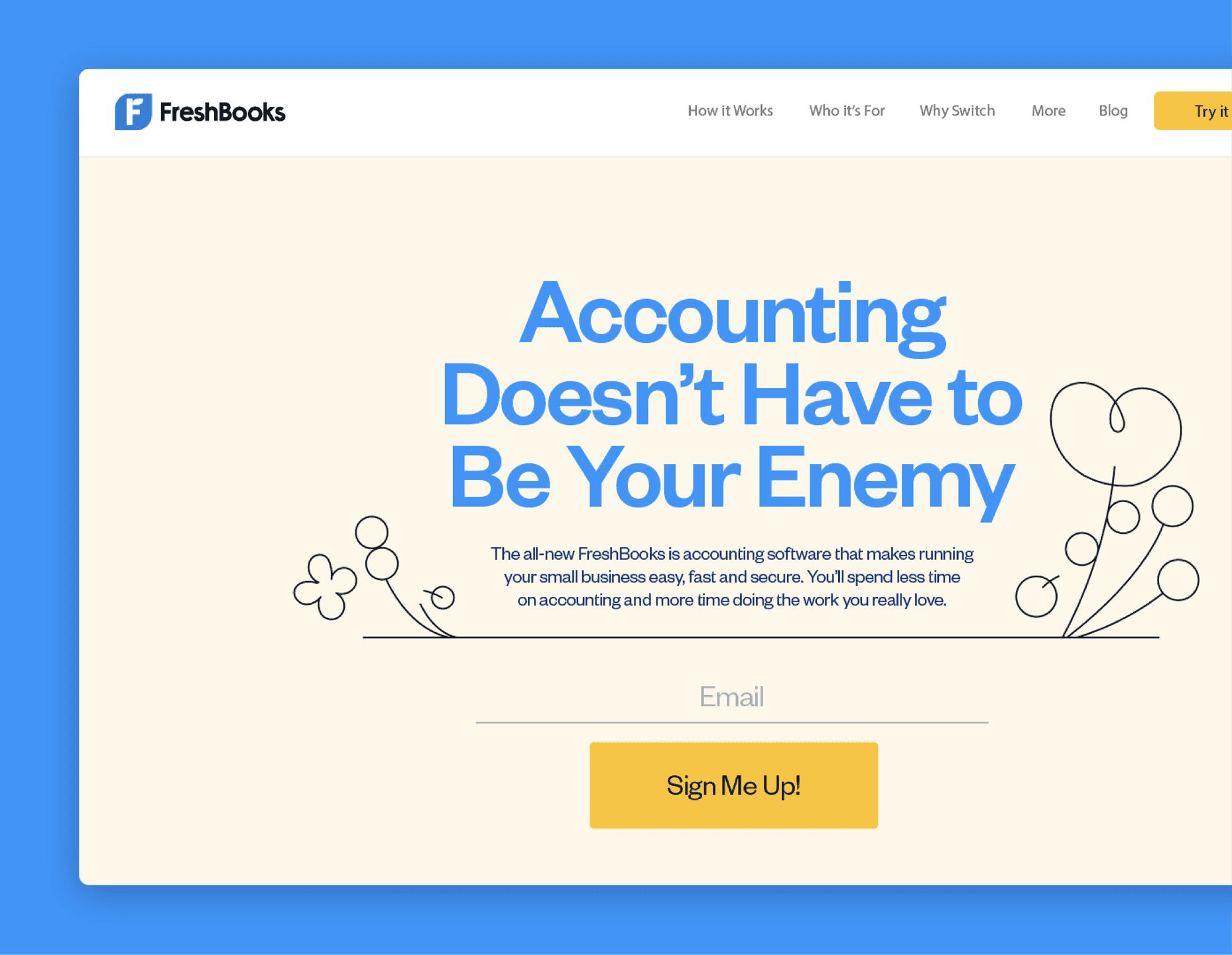 FreshBooks Homepage Hero. A web hero section with large blue typography and whimsical line illustrations framing the content.