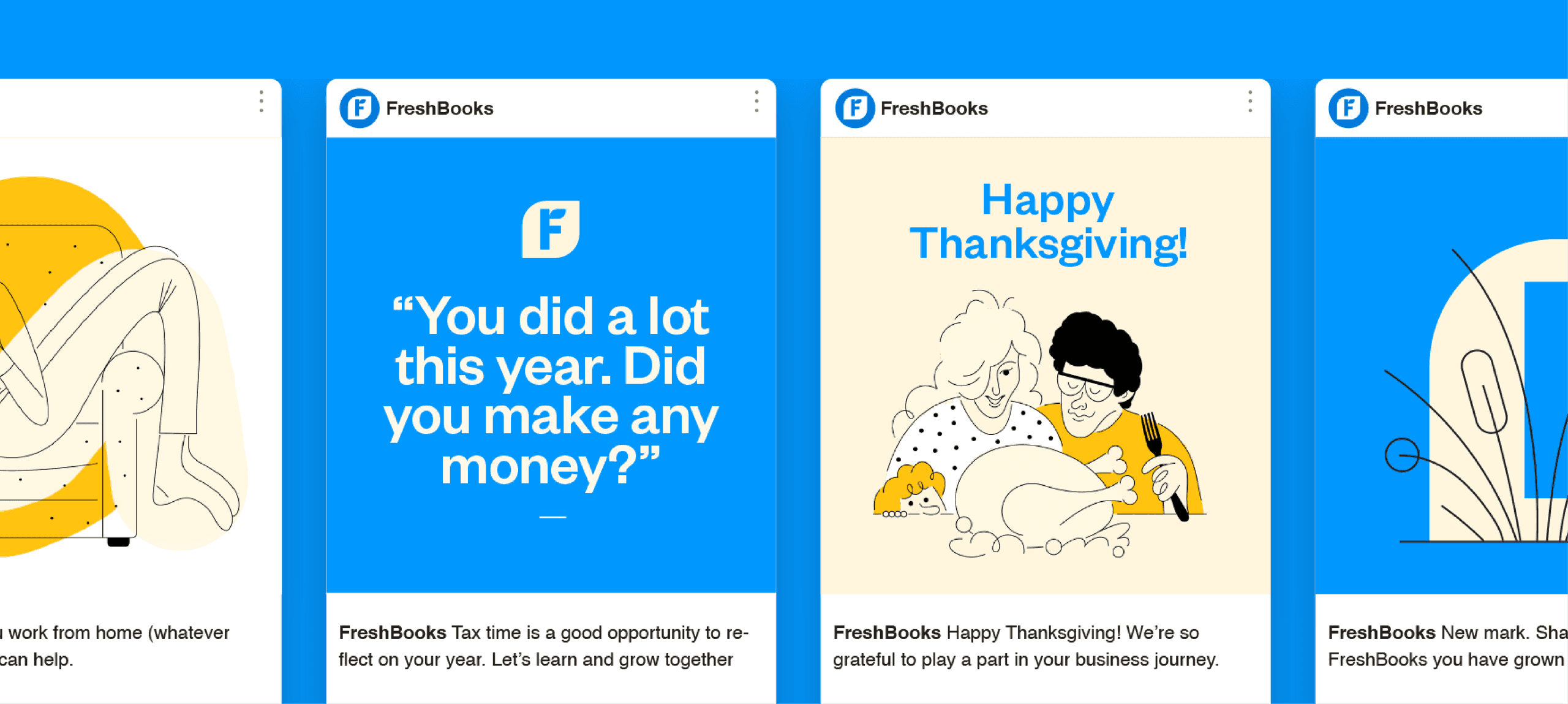 Social Posts. A set of social graphics mixing illustrations, bold quotes, and seasonal messages in FreshBooks’ bright palette.