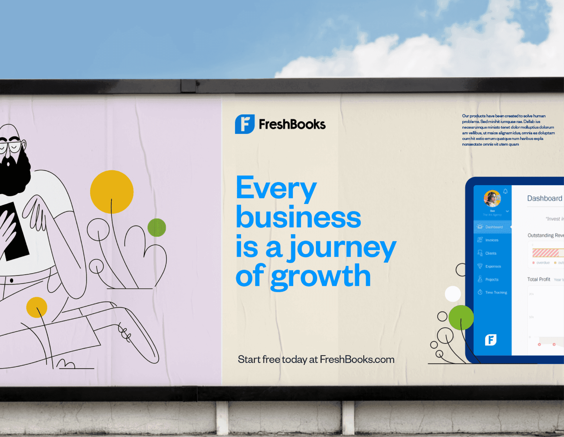 Billboard. A FreshBooks billboard combining character illustration, growth-focused messaging, and a product dashboard.