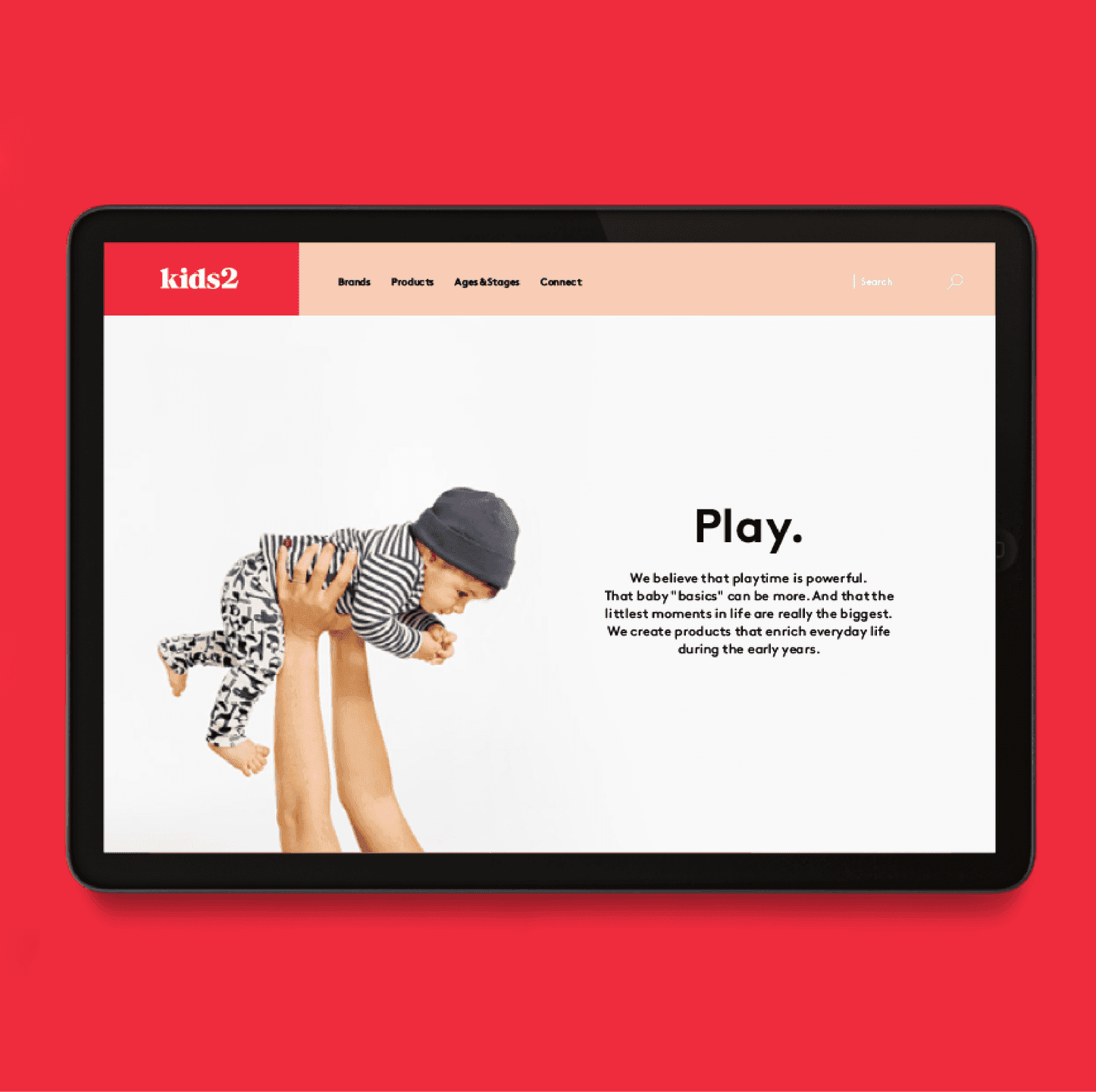 Kids2 Website Design. The Kids2 website uses bold color, clean typography, and warm imagery to communicate the brand’s belief in the power of play.
