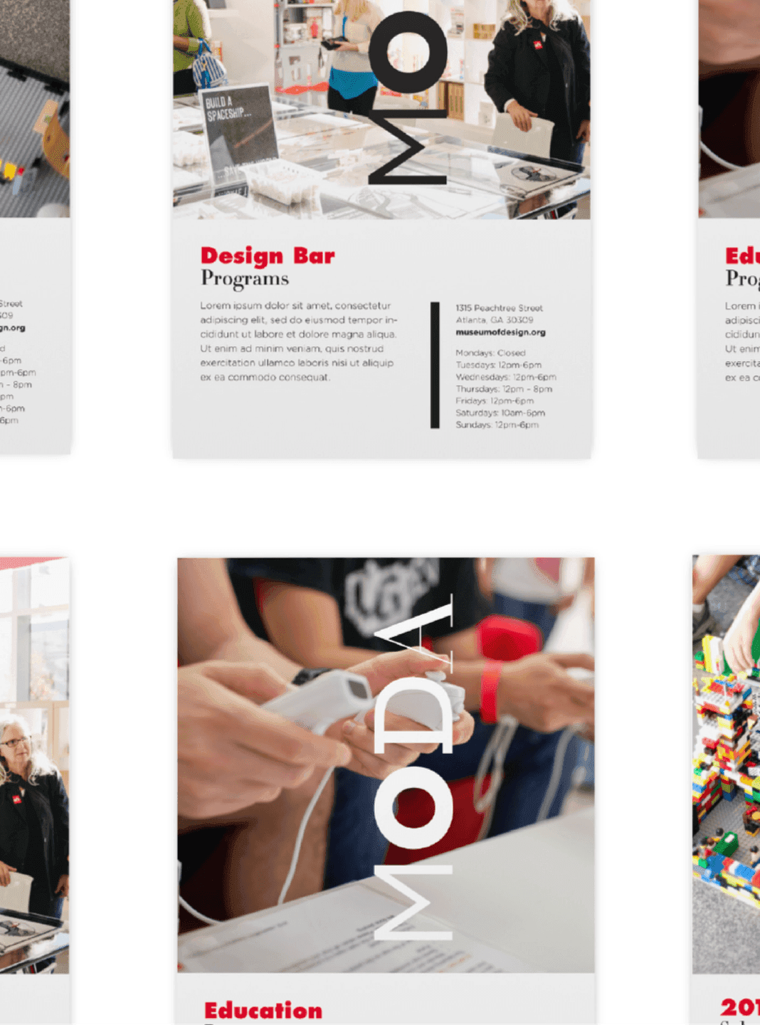 MODA program flyers show the museum’s vertical logo over workshop photos and include design program details