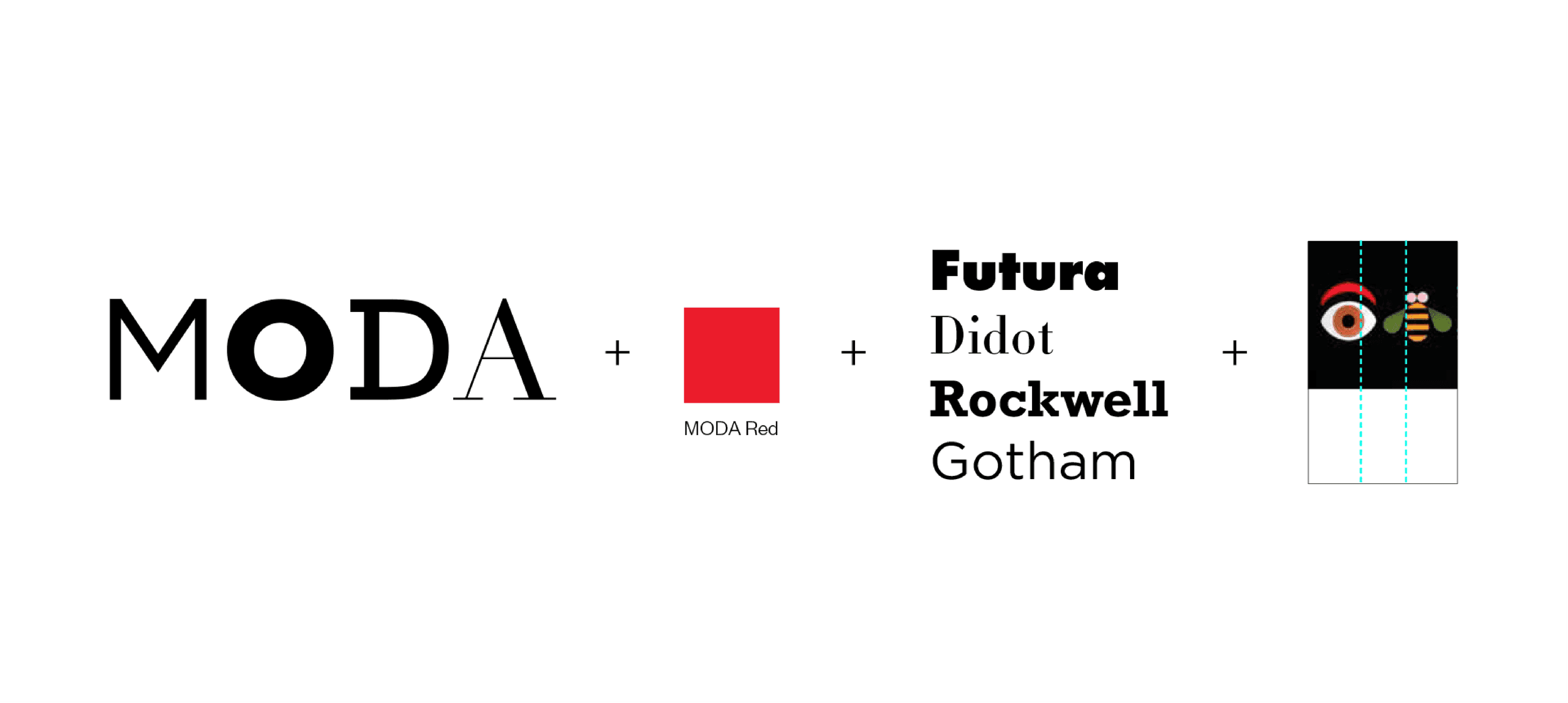 A MODA brand identity slide displays the museum’s wordmark, signature red color, selected typefaces, and playful iconography.