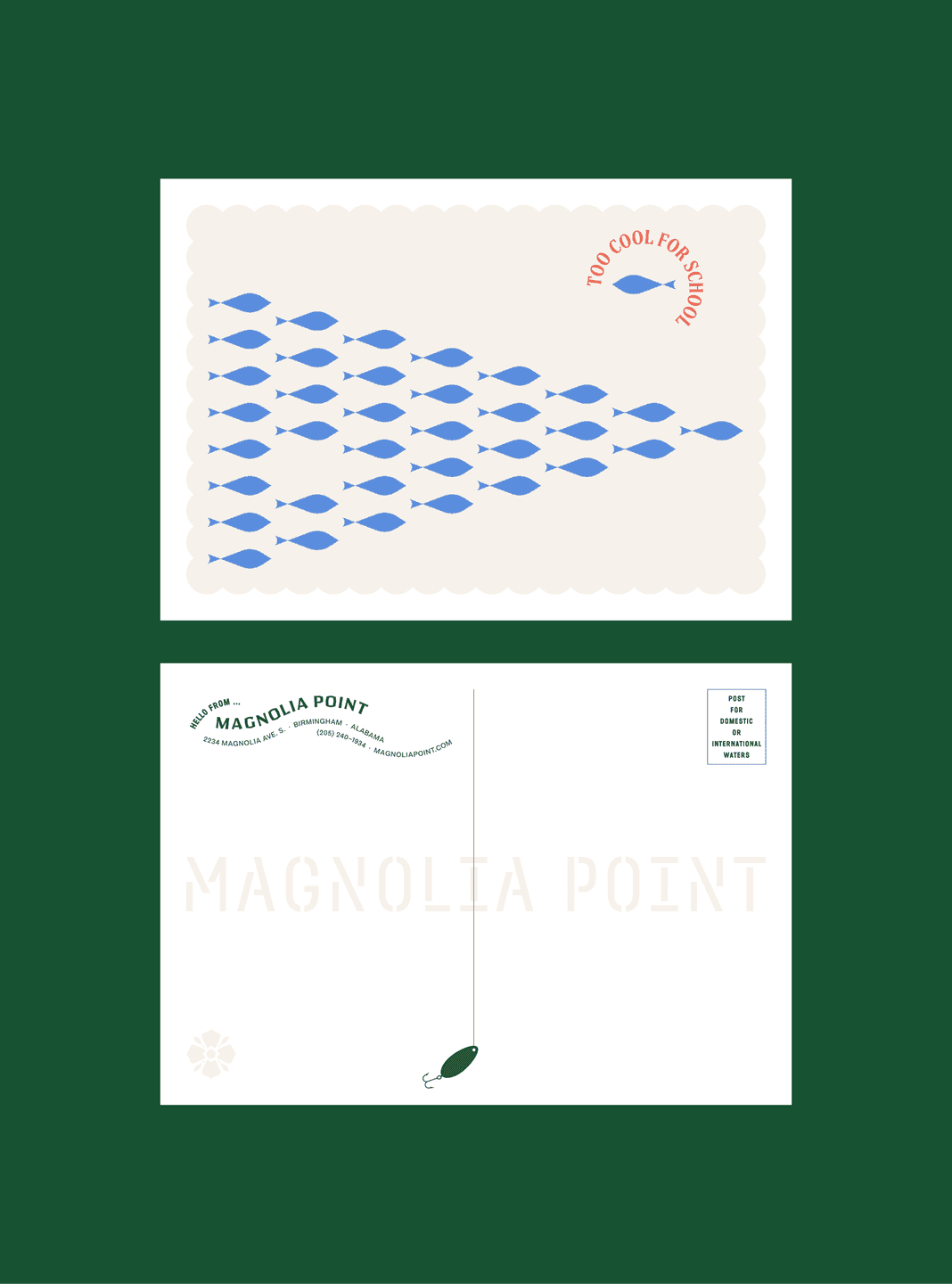Illustrated postcard front. A playful Magnolia Point postcard design with a school of blue fish swimming across a scalloped frame.