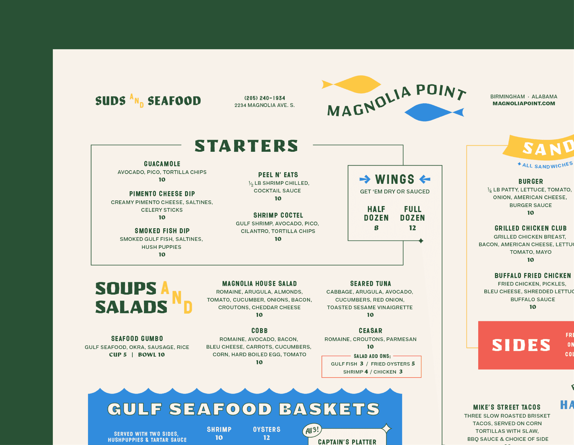 Menu crop. A close-up crop of the Magnolia Point menu showing detailed seafood and starters typography.