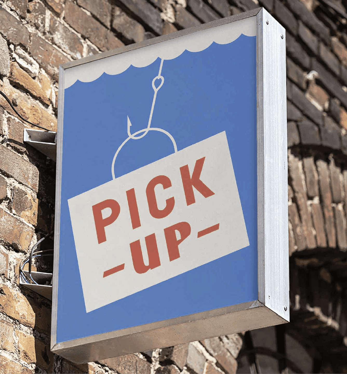 Pick-Up sign exterior. An outdoor Magnolia Point pick-up sign with a hanging hook illustration and bold red lettering.