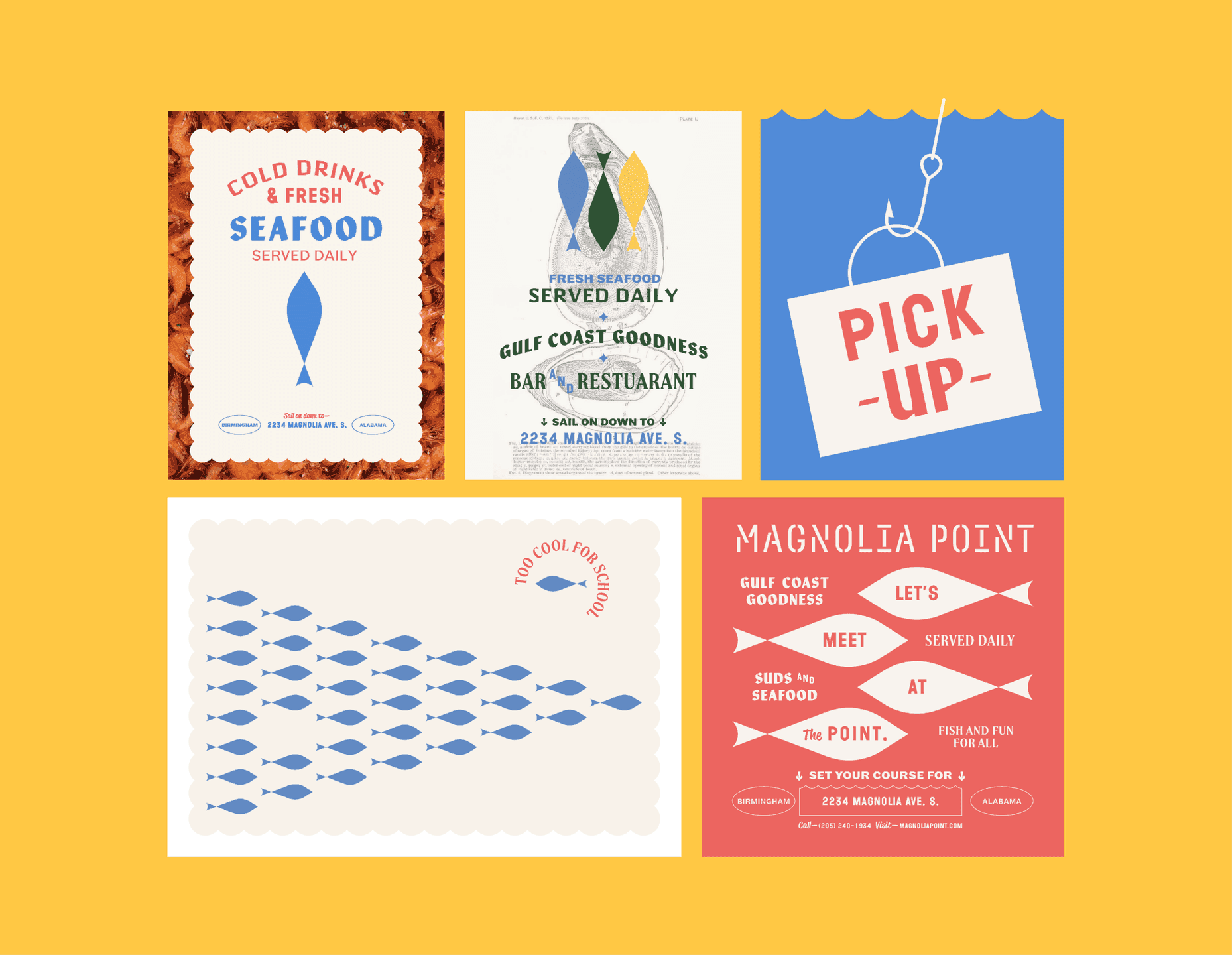 Posters and postcards set. A collection of Magnolia Point posters and postcards featuring fish illustrations, bold typography, and playful coastal graphics on a yellow background.