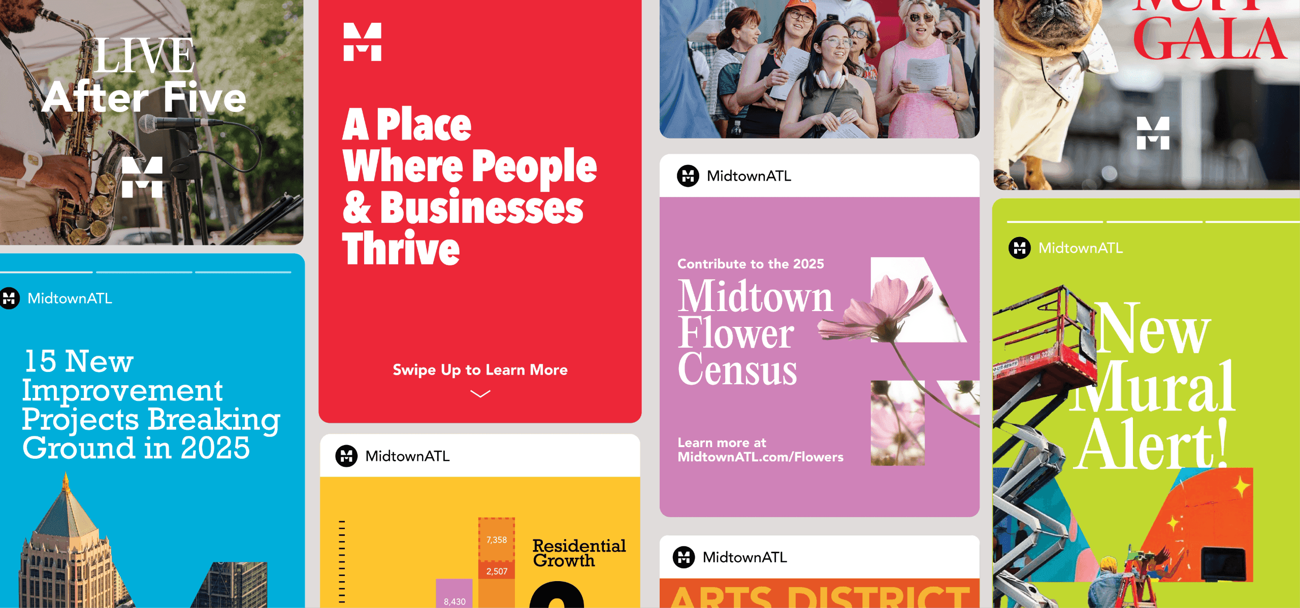 Midtown Social Graphics Grid. A colorful grid of Midtown ATL social posts highlights local events, community updates, public art, and neighborhood initiatives.