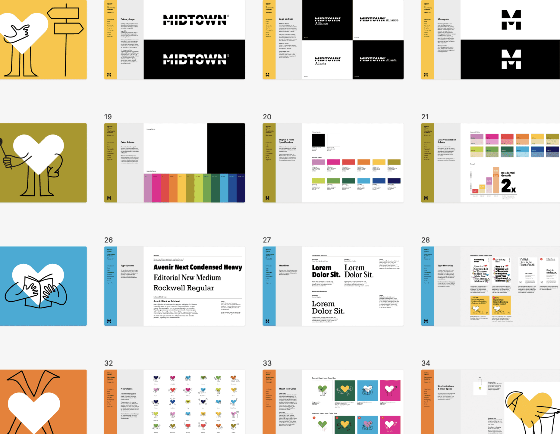 Midtown Brand Guidelines Spread.  An overview of Midtown’s brand guidelines showcases logos, color palettes, typography, illustrations, and design standards.