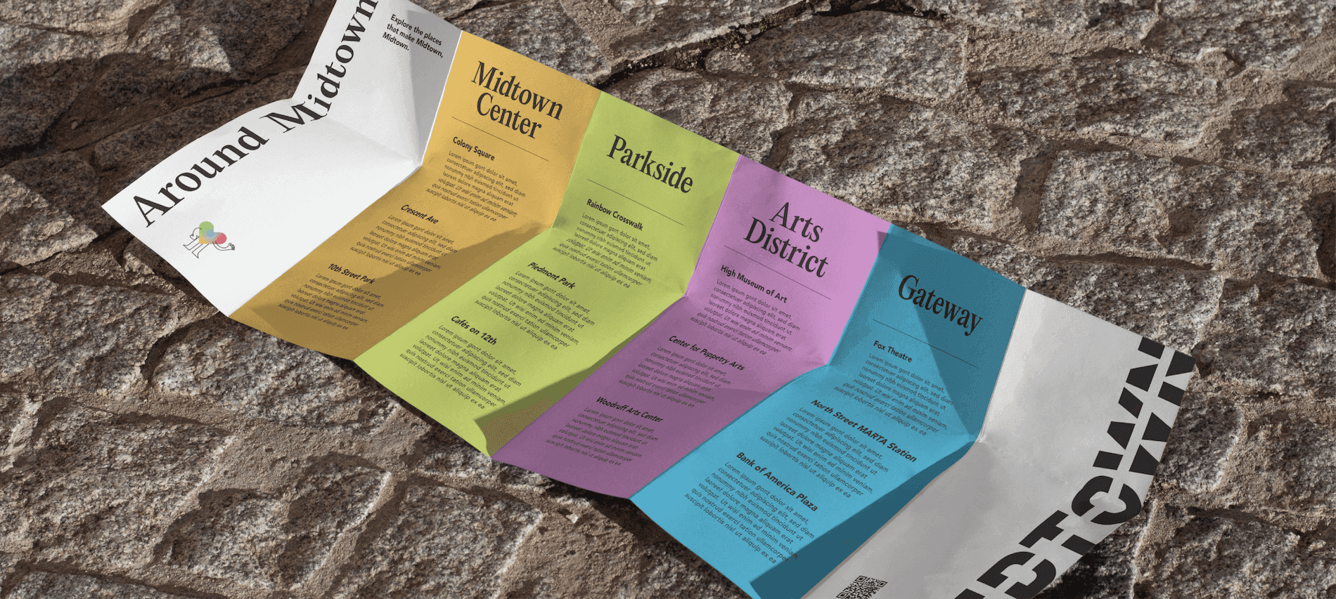 Midtown Neighborhood Guide Map. A folded Midtown guide displays color-coded sections highlighting key neighborhoods and destinations across the district.