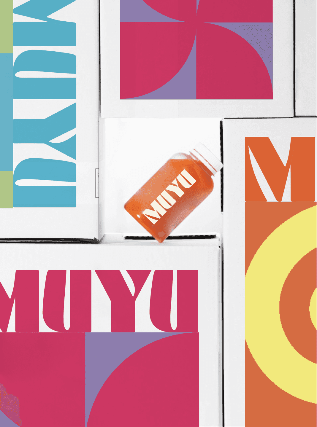MuYu Packaging System. Stacked delivery boxes and a bottled drink showcasing MuYu’s bright, geometric brand language.