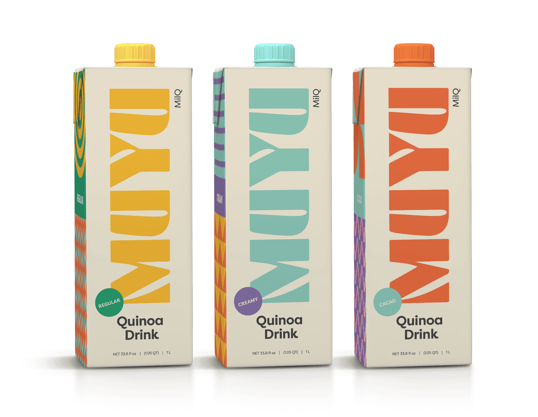 Quinoa Drink Lineup. Three MuYu quinoa drink cartons in different flavors with bold vertical wordmarks.