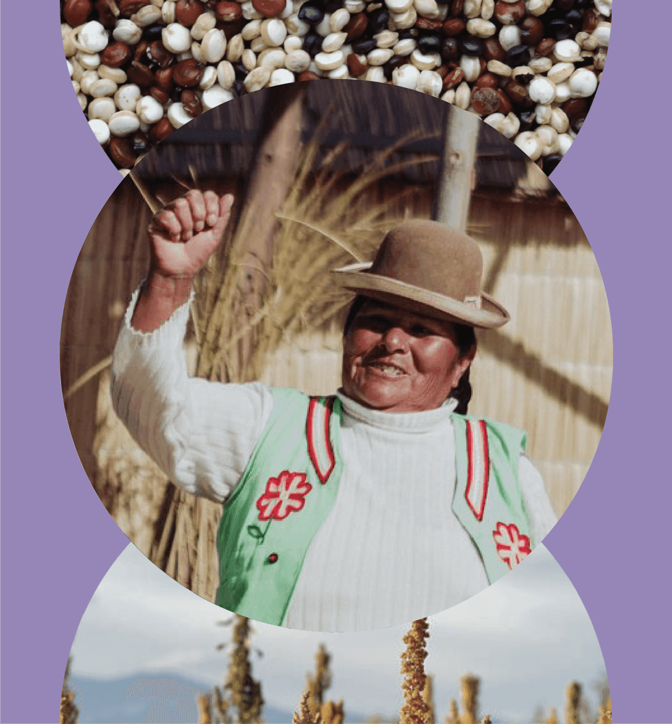 Community Portrait. Photograph of an Indigenous woman celebrating, framed by MuYu’s circular graphic system.