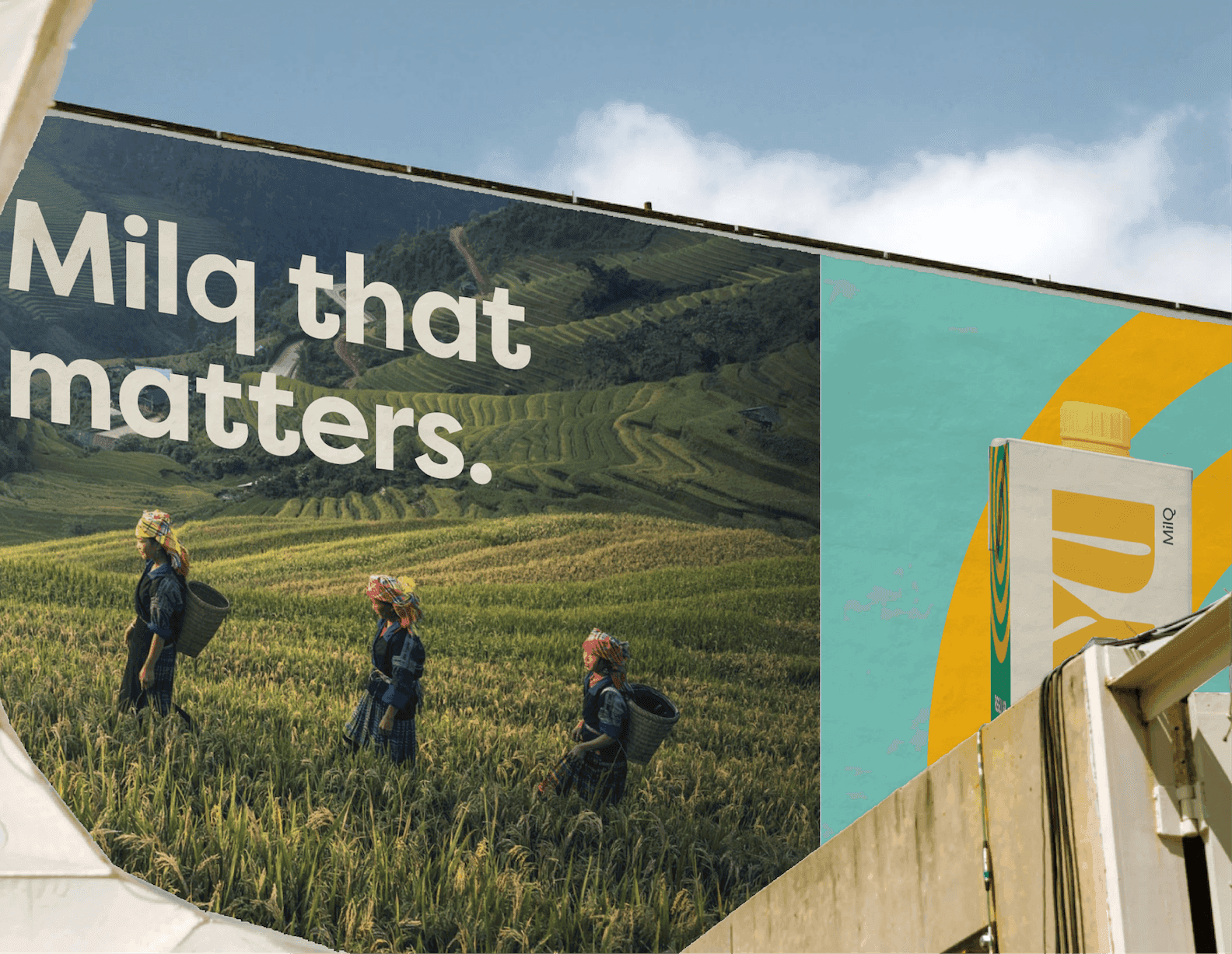 Milq That Matters. Billboard showing farmers walking through lush fields beside MuYu product imagery.