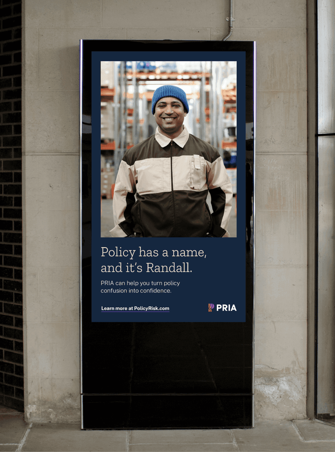 Digital Kiosk Ad. A portrait-driven ad reinforces PRIA’s human-centered approach to making policy understandable.