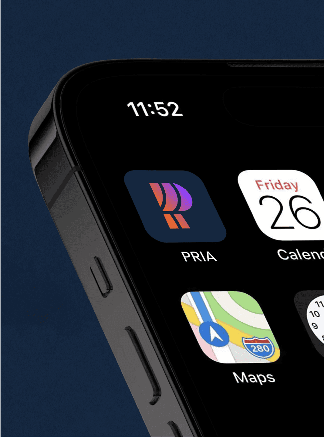 App Icon Close-Up. The PRIA monogram becomes a sleek, high-contrast app icon designed for instant recognition.
