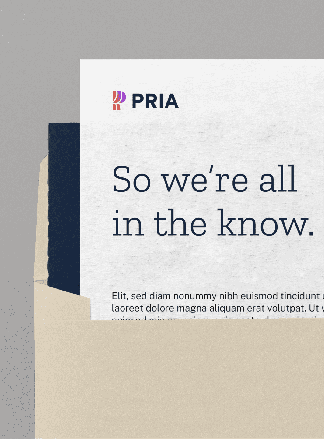 Branded Letterhead. Clean typography and subtle branding support PRIA’s clear, trustworthy communication style.