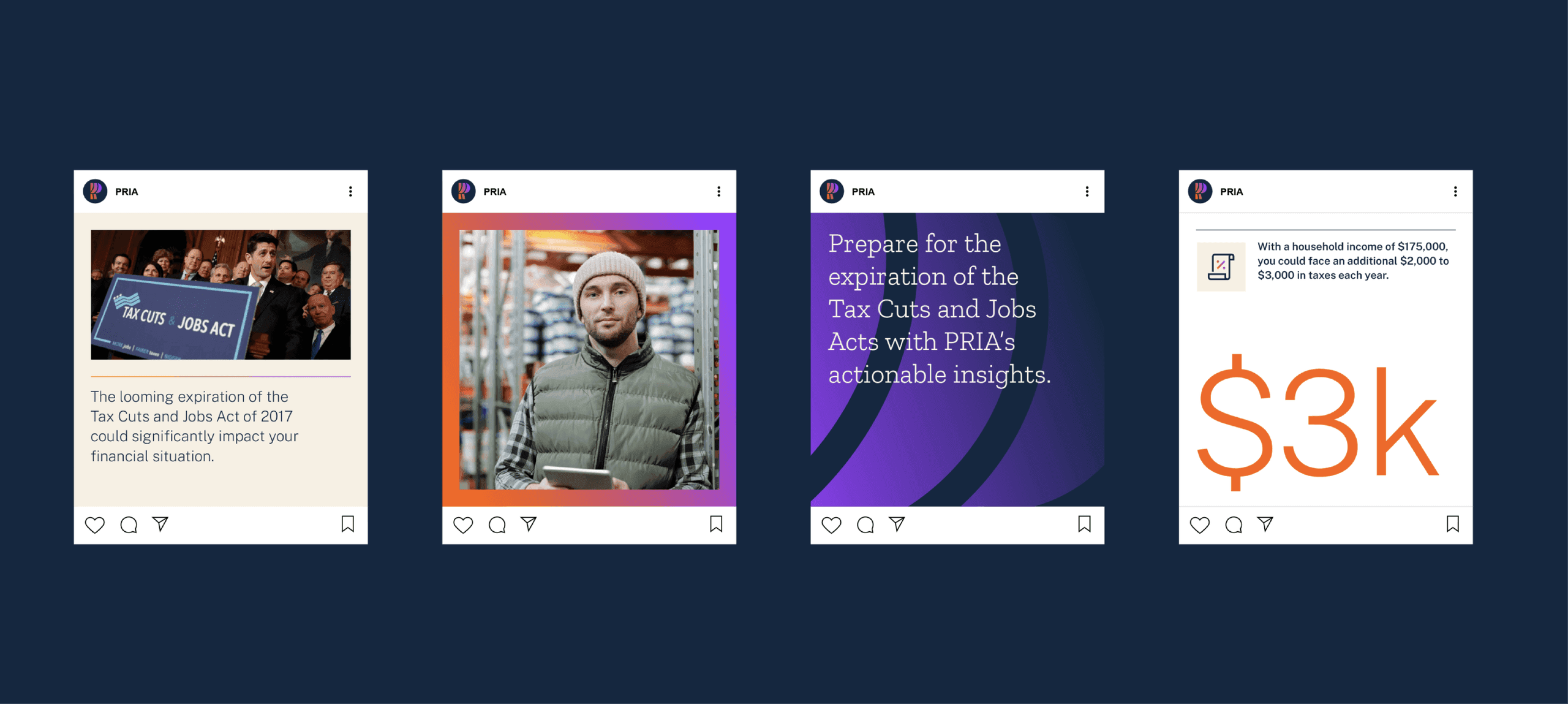 Social Media Grid. A mix of photography and graphic posts showcases PRIA’s informative, accessible content strategy.