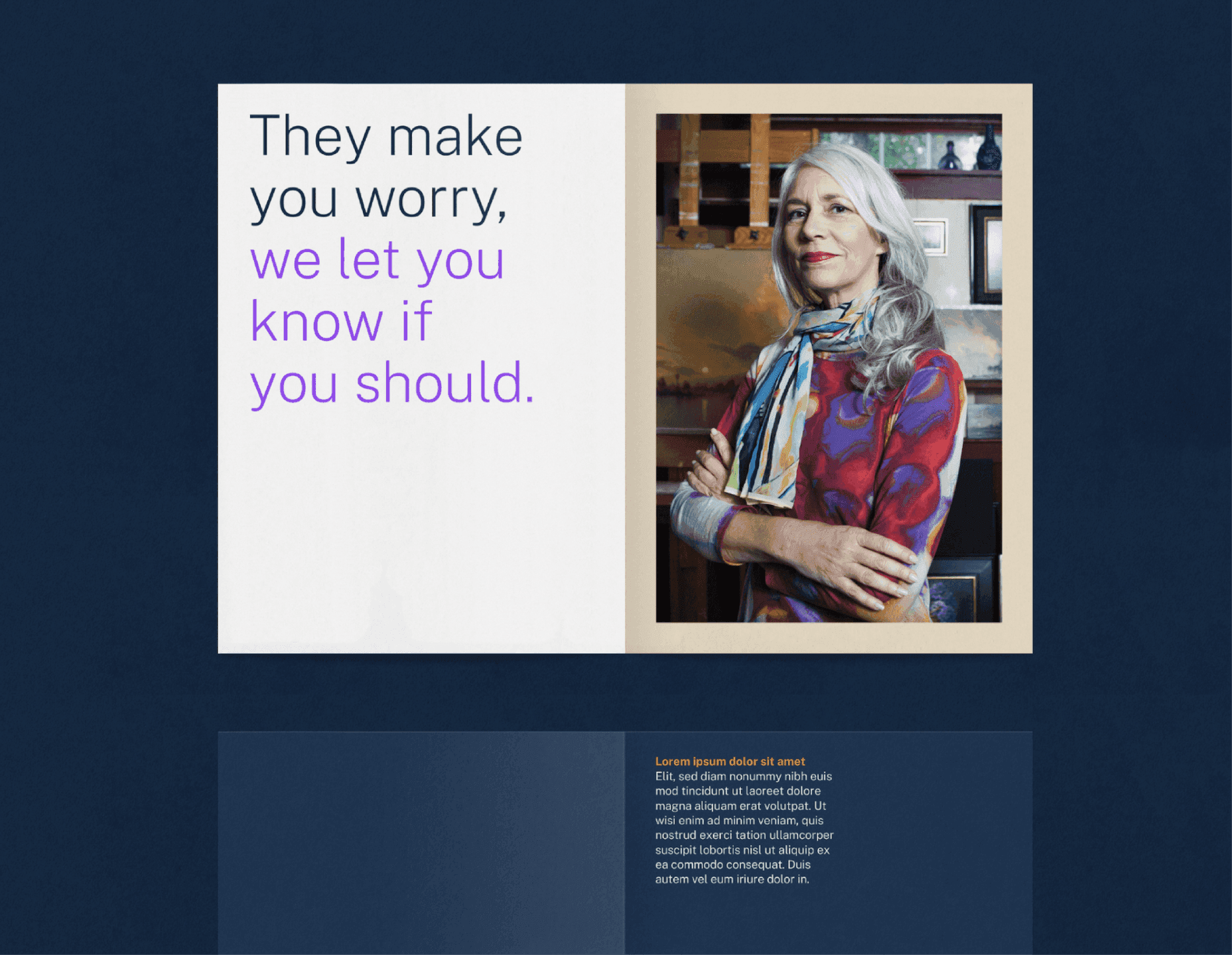 Split-Layout Messaging. A calm portrait paired with a reassuring headline communicates PRIA’s role as a confidence-builder.