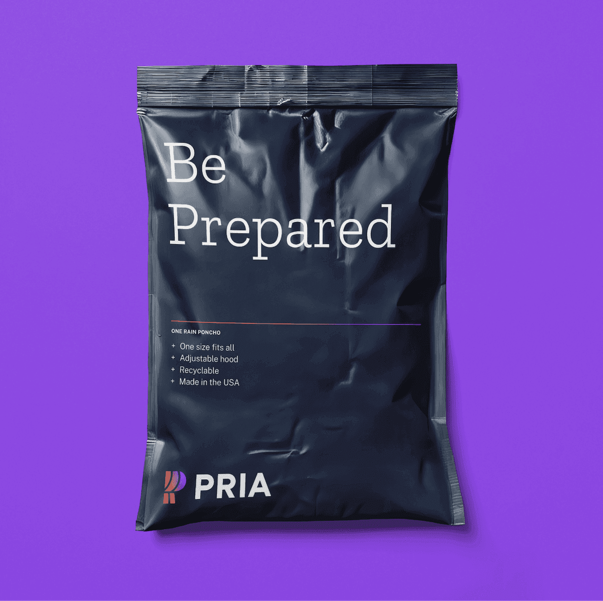 Preparedness Raincover Kit Packaging. A minimal navy pouch with crisp typography reinforces PRIA’s tone of readiness and reliability.