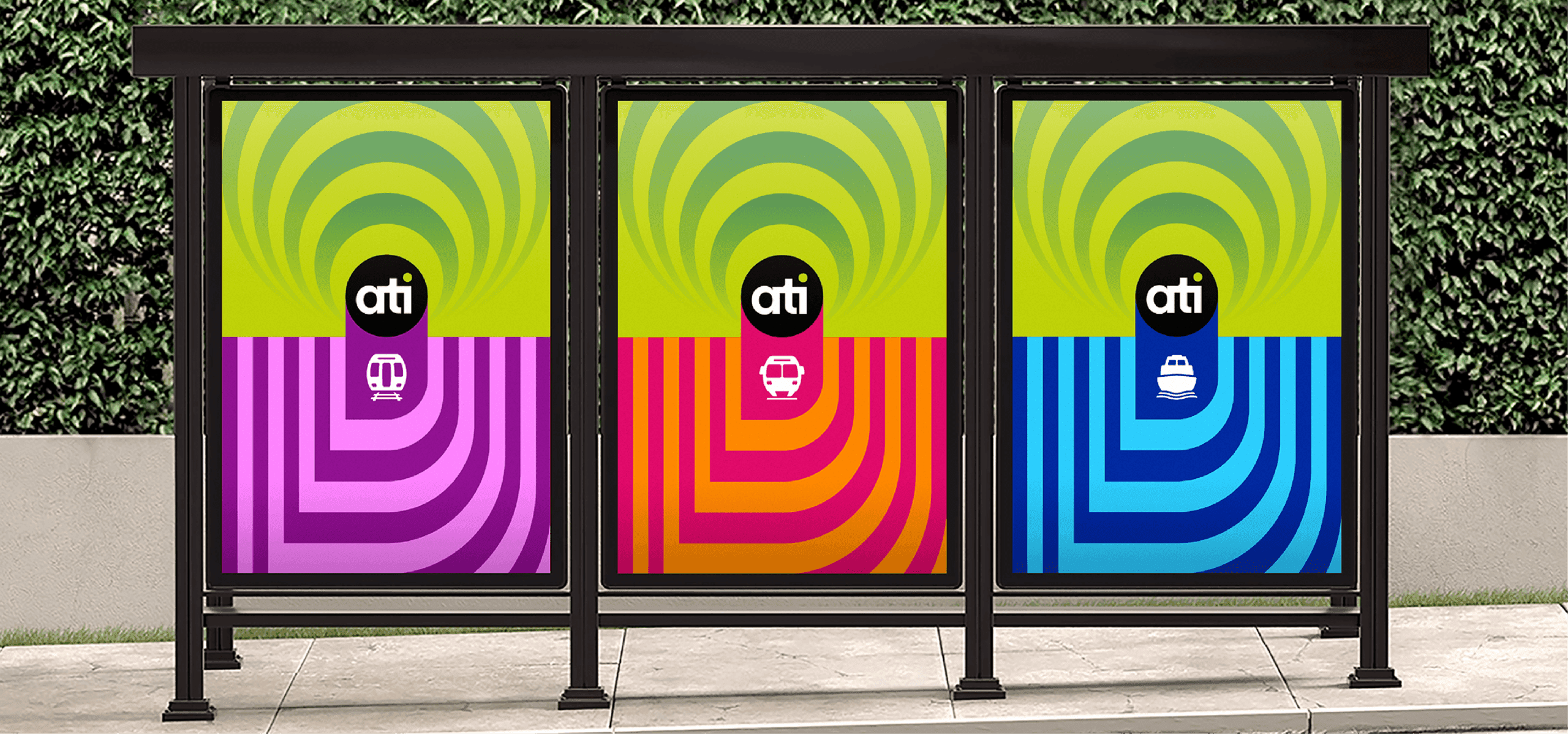 Three ATI Posters at Bus Shelter. A set of three vibrant ATI posters highlights train, bus, and ferry services using bold geometric patterns.
